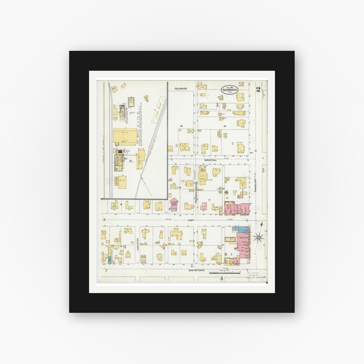 Old map wall art mockup — black gallery frame with white mat — Sanborn Fire Insurance Map from San Marcos, Hays County, Texas (1906), Sheet #0002