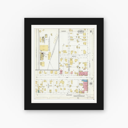 Old map wall art mockup — black gallery frame with white mat — Sanborn Fire Insurance Map from San Marcos, Hays County, Texas (1906), Sheet #0002