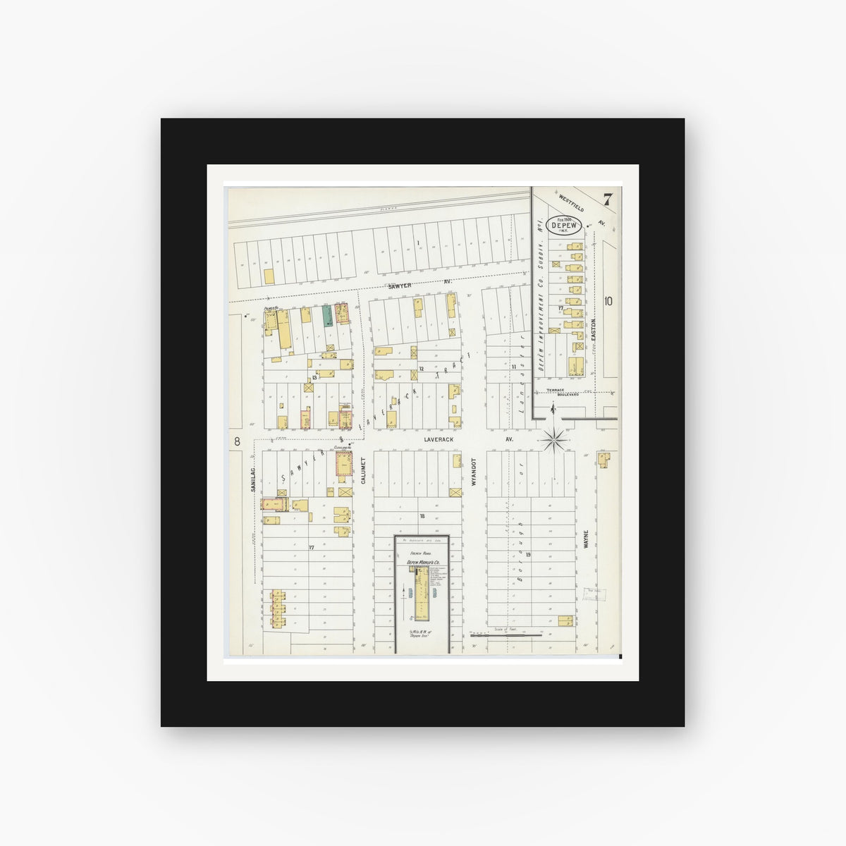 Old map wall art mockup — black gallery frame with white mat — Sanborn Fire Insurance Map from Depew, Erie County, New York (1900), Sheet #0007