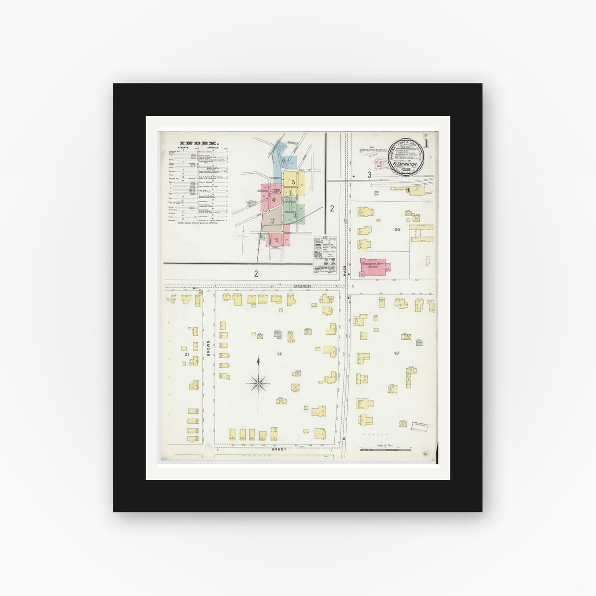 Old map wall art mockup — black gallery frame with white mat — Sanborn Fire Insurance Map from Flemington, Hunterdon County, New Jersey (1896) - Complete Map Set