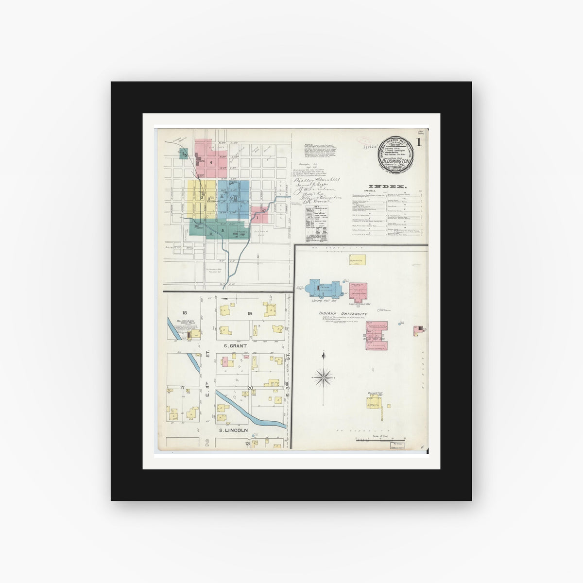 Old map wall art mockup — black gallery frame with white mat — Sanborn Fire Insurance Map from Bloomington, Monroe County, Indiana (1892), Sheet #0001