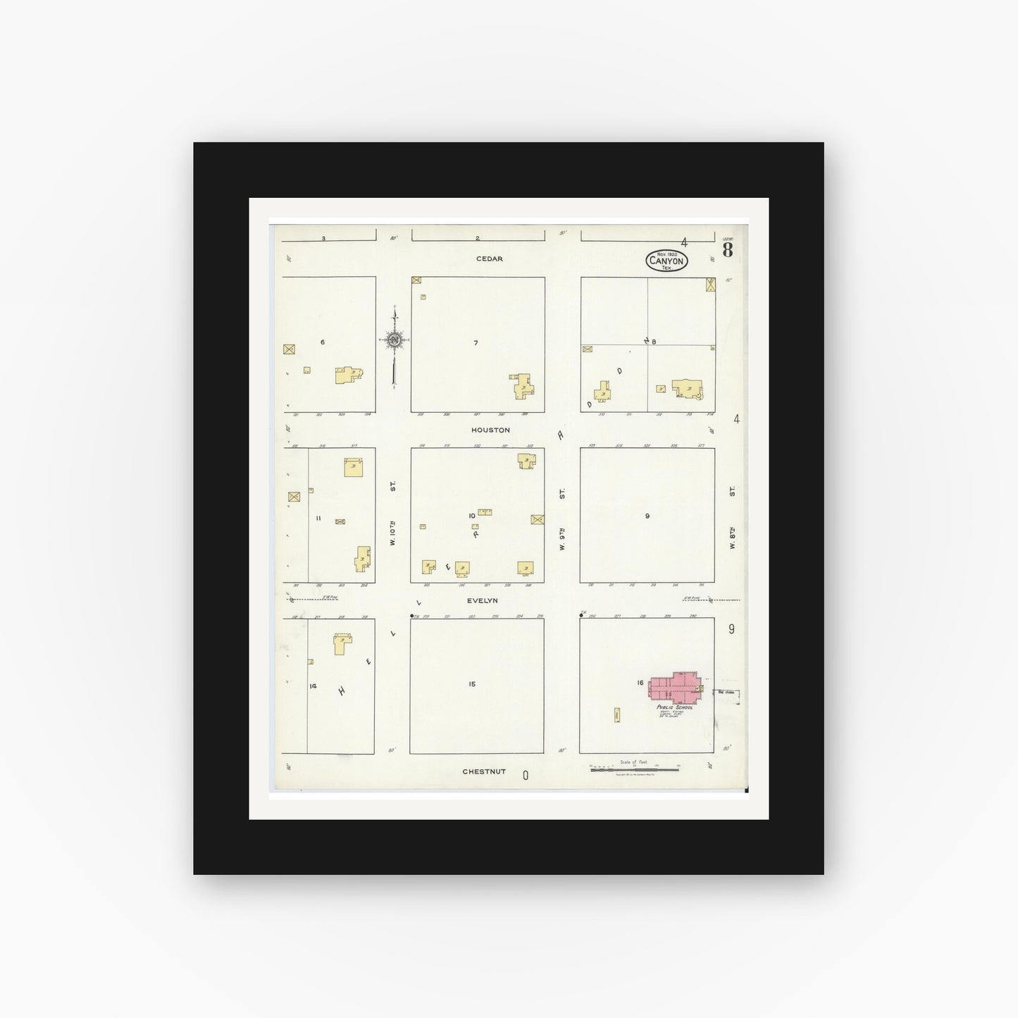 Old map wall art mockup — black gallery frame with white mat — Sanborn Fire Insurance Map from Canyon, Randall County, Texas (1920), Sheet #0008