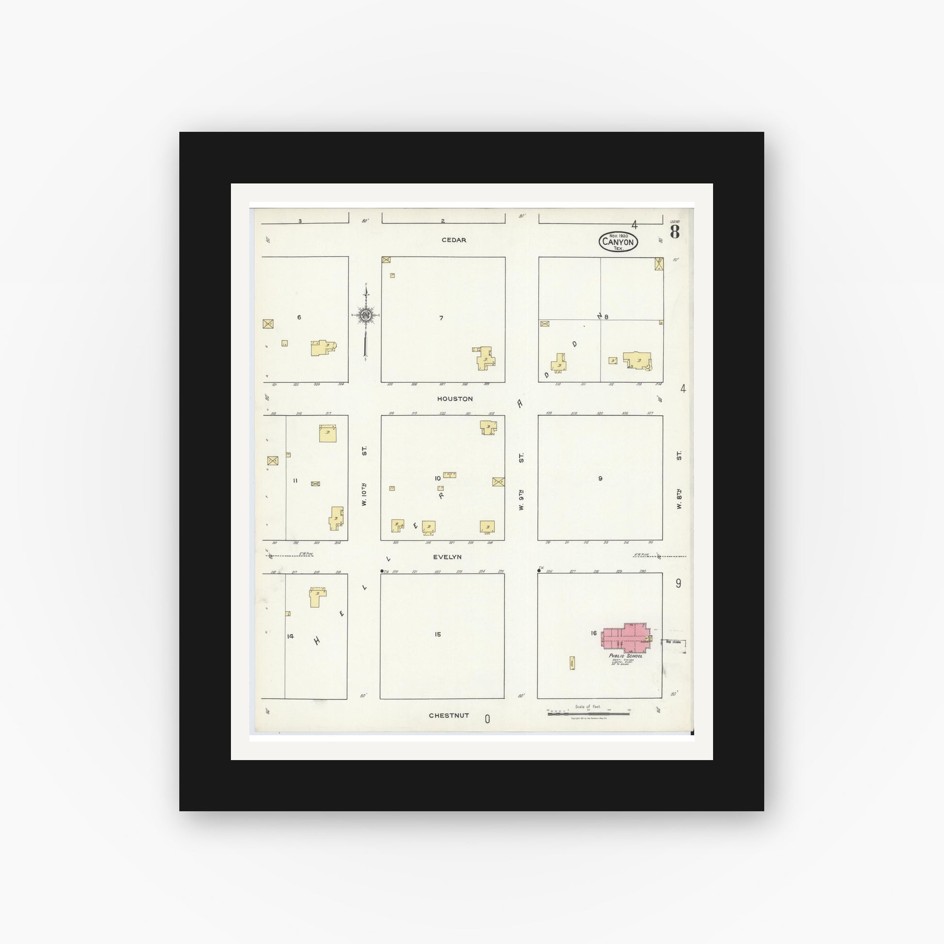 Old map wall art mockup — black gallery frame with white mat — Sanborn Fire Insurance Map from Canyon, Randall County, Texas (1920), Sheet #0008