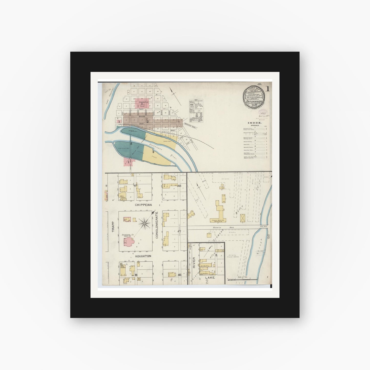 Old map wall art mockup — black gallery frame with white mat — Sanborn Fire Insurance Map from Ontonagon, Ontonagon County, Michigan (1893) - Complete Map Set