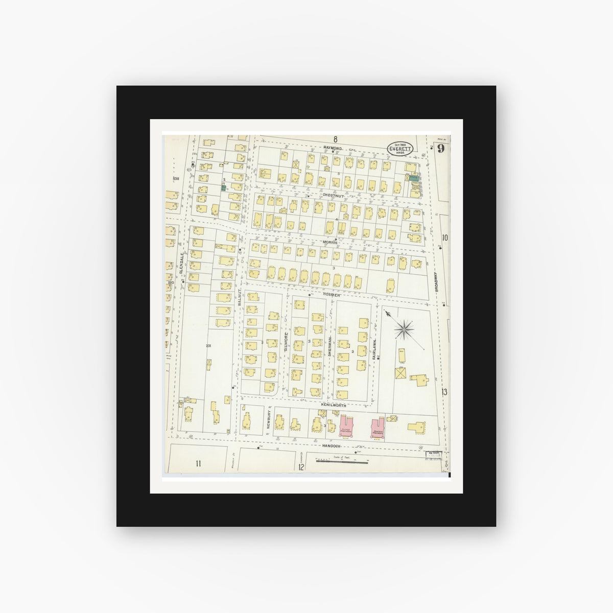 Old map wall art mockup — black gallery frame with white mat — Sanborn Fire Insurance Map from Everett, Middlesex County, Massachusetts (1903), Sheet #0009
