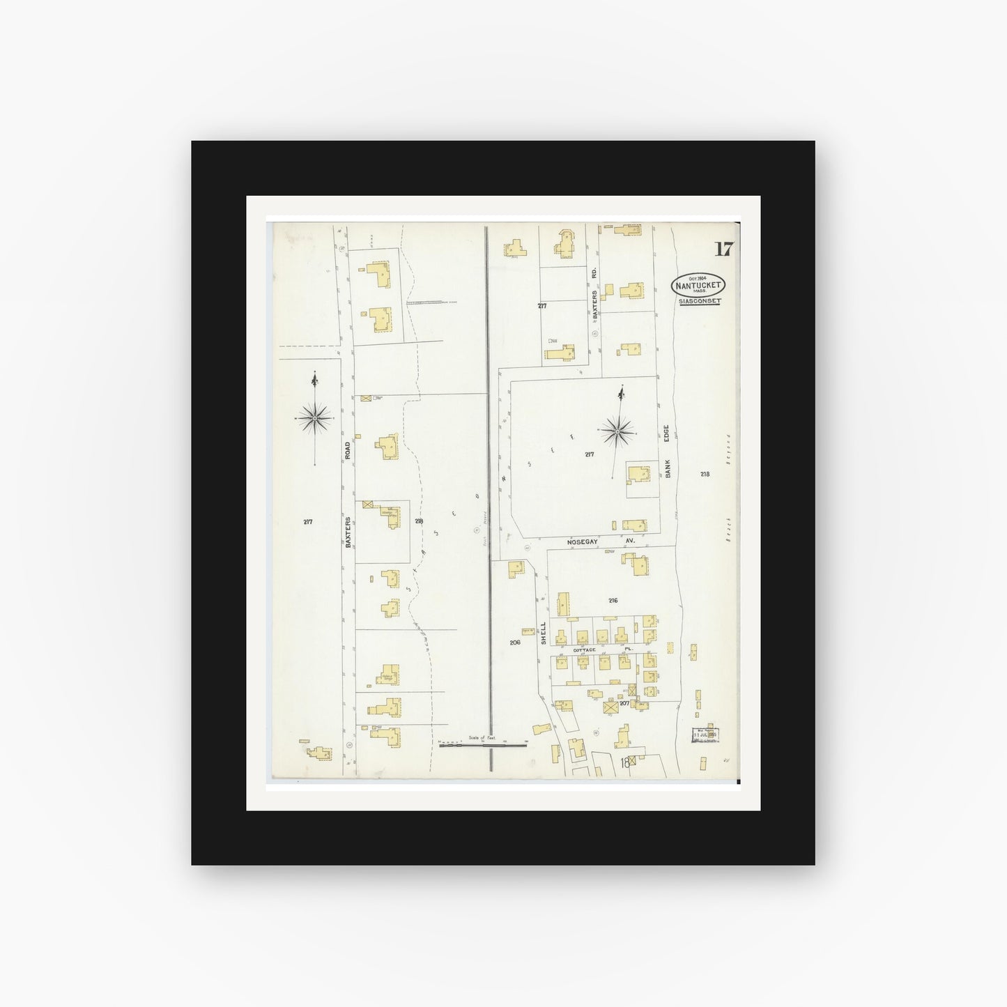 Old map wall art mockup — black gallery frame with white mat — Sanborn Fire Insurance Map from Nantucket, Nantucket County, Massachusetts (1904), Sheet #0017