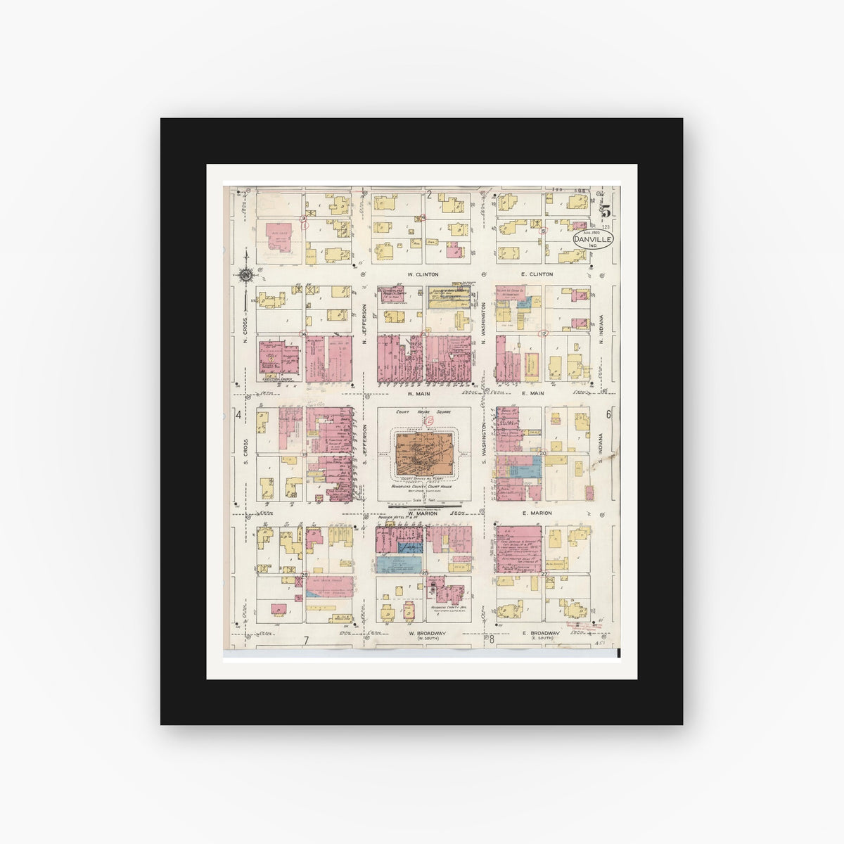 Old map wall art mockup — black gallery frame with white mat — Sanborn Fire Insurance Map from Danville, Hendricks County, Indiana (1932), Sheet #0005