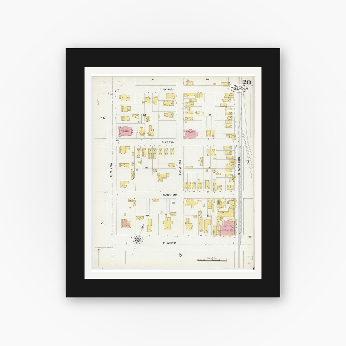 Old map wall art mockup — black gallery frame with white mat — Sanborn Fire Insurance Map from Pensacola, Escambia County, Florida (1903), Sheet #0020