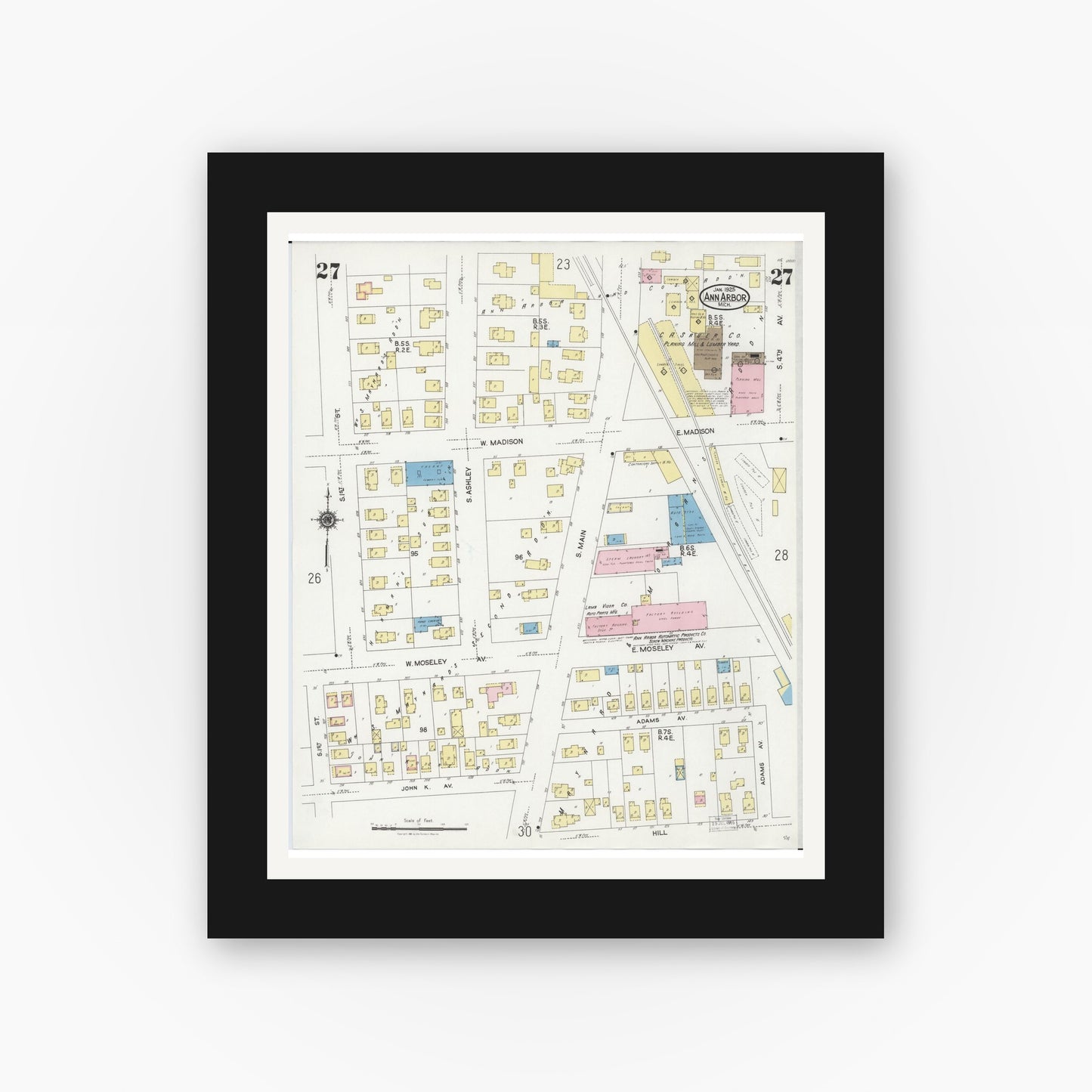 Old map wall art mockup — black gallery frame with white mat — Sanborn Fire Insurance Map from Ann Arbor, Washtenaw County, Michigan (1925), Sheet #0027