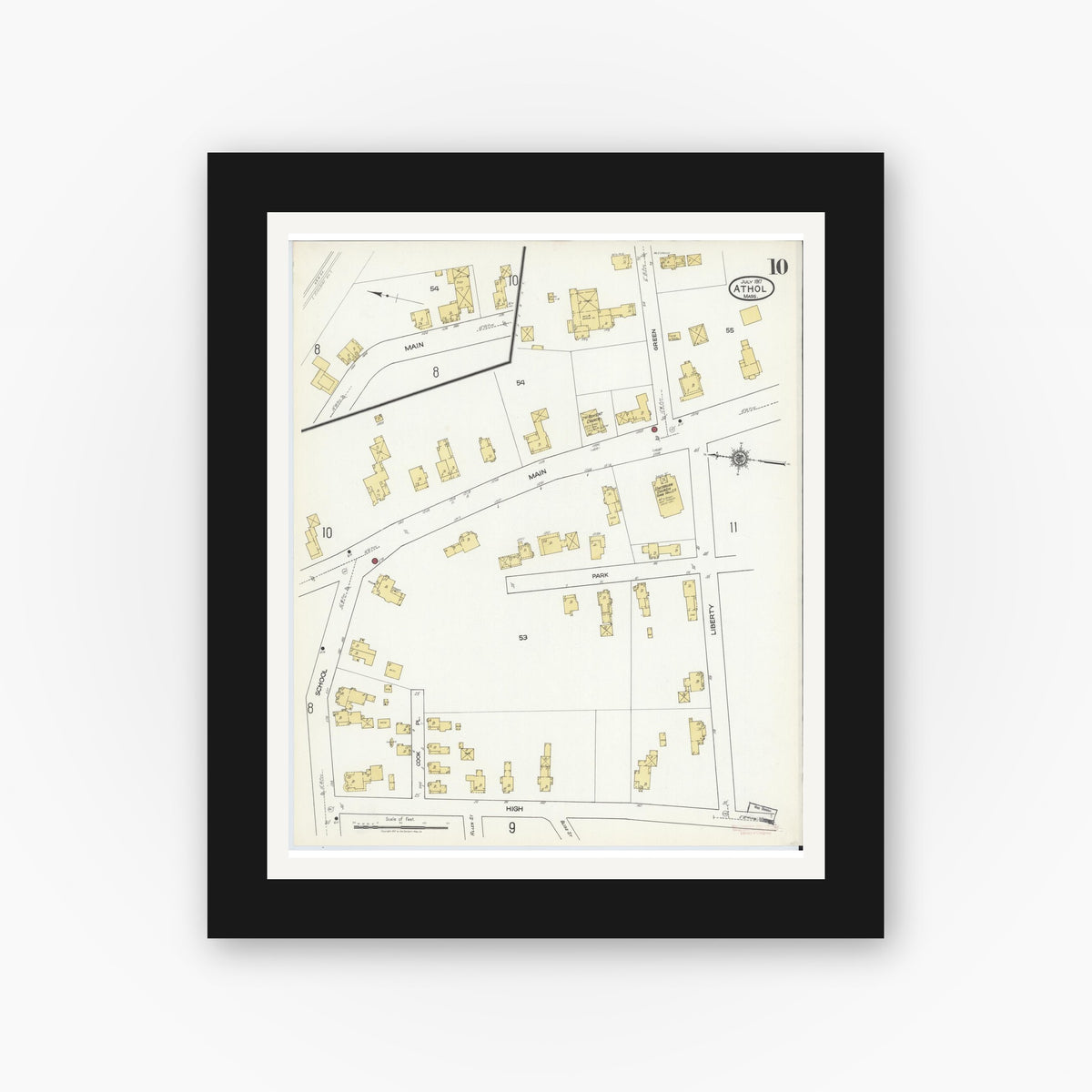 Old map wall art mockup — black gallery frame with white mat — Sanborn Fire Insurance Map from Athol, Worcester County, Massachusetts (1917), Sheet #0010