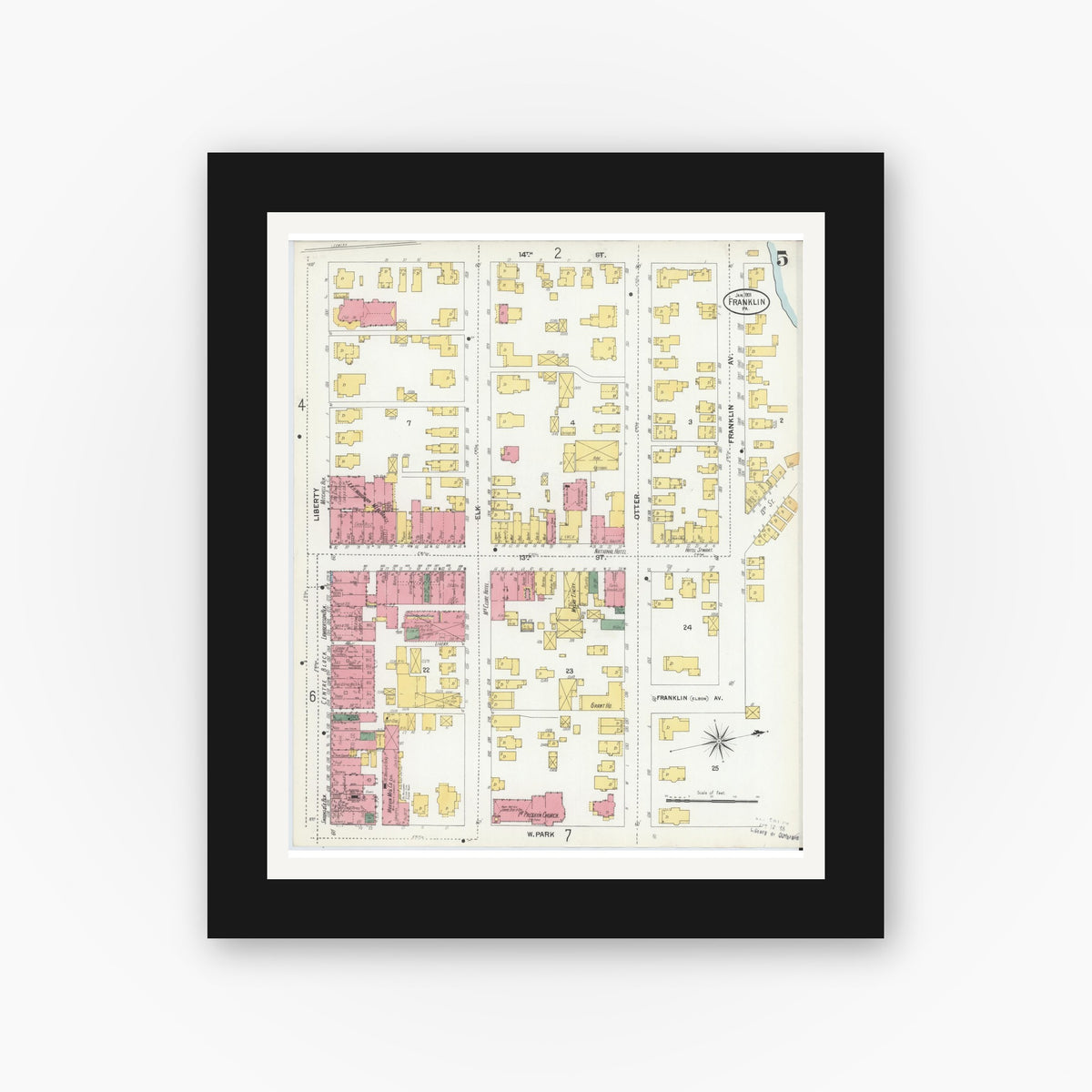 Old map wall art mockup — black gallery frame with white mat — Sanborn Fire Insurance Map from Franklin, Venango County, Pennsylvania (1901), Sheet #0005