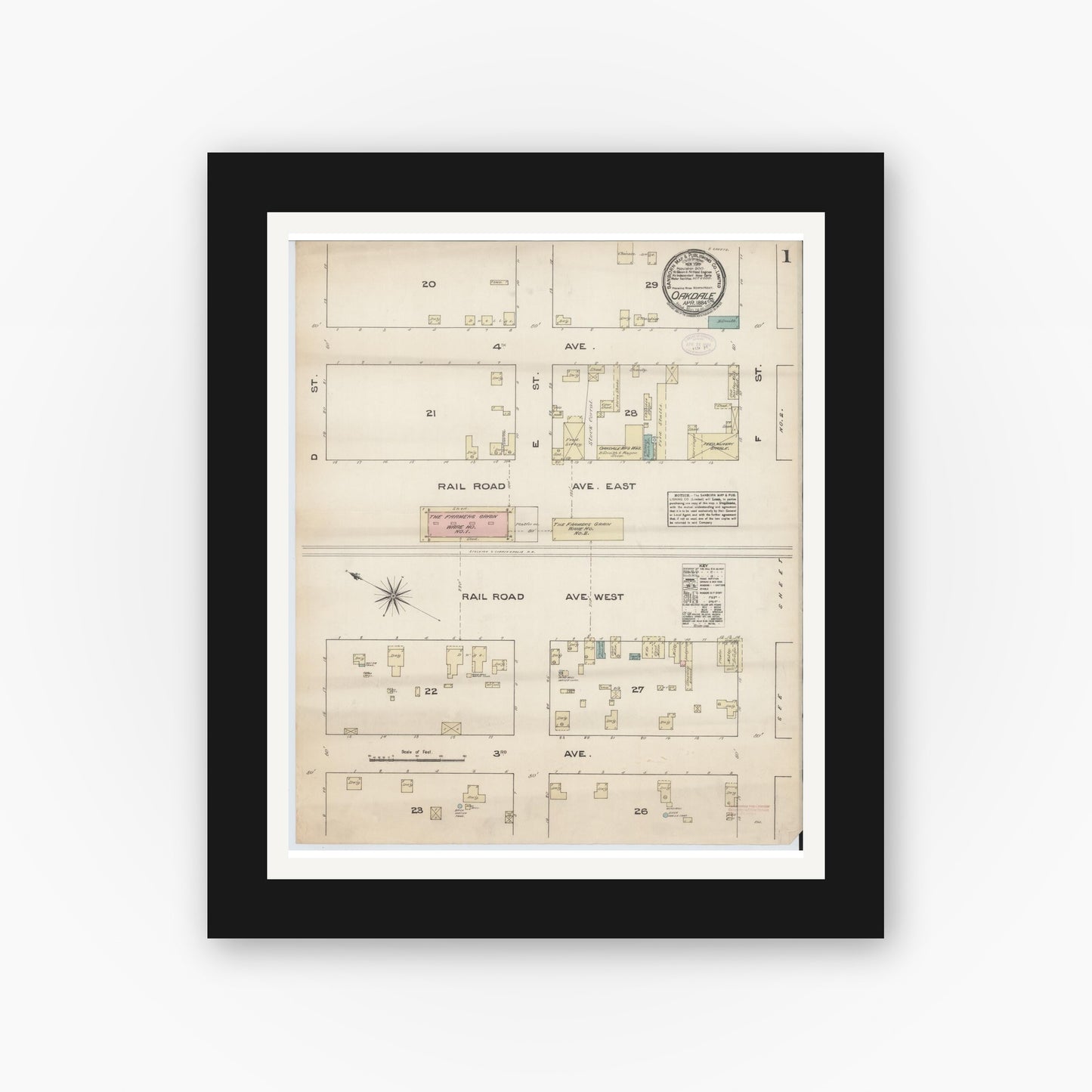 Old map wall art mockup — black gallery frame with white mat — Sanborn Fire Insurance Map from Oakdale, Stanislaus County, California (1884) - Complete Map Set