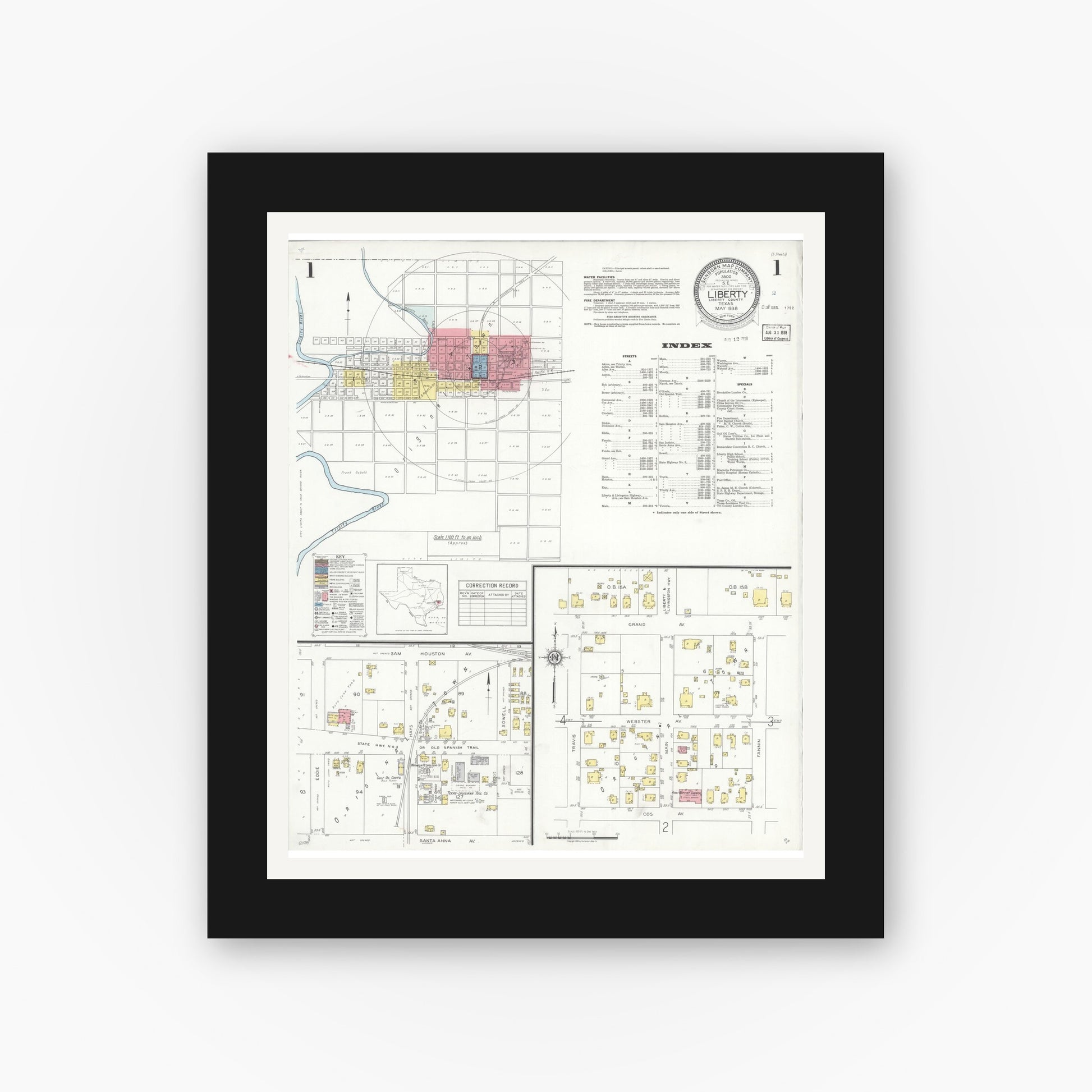 Old map wall art mockup — black gallery frame with white mat — Sanborn Fire Insurance Map from Liberty, Liberty County, Texas (1938), Sheet #0001