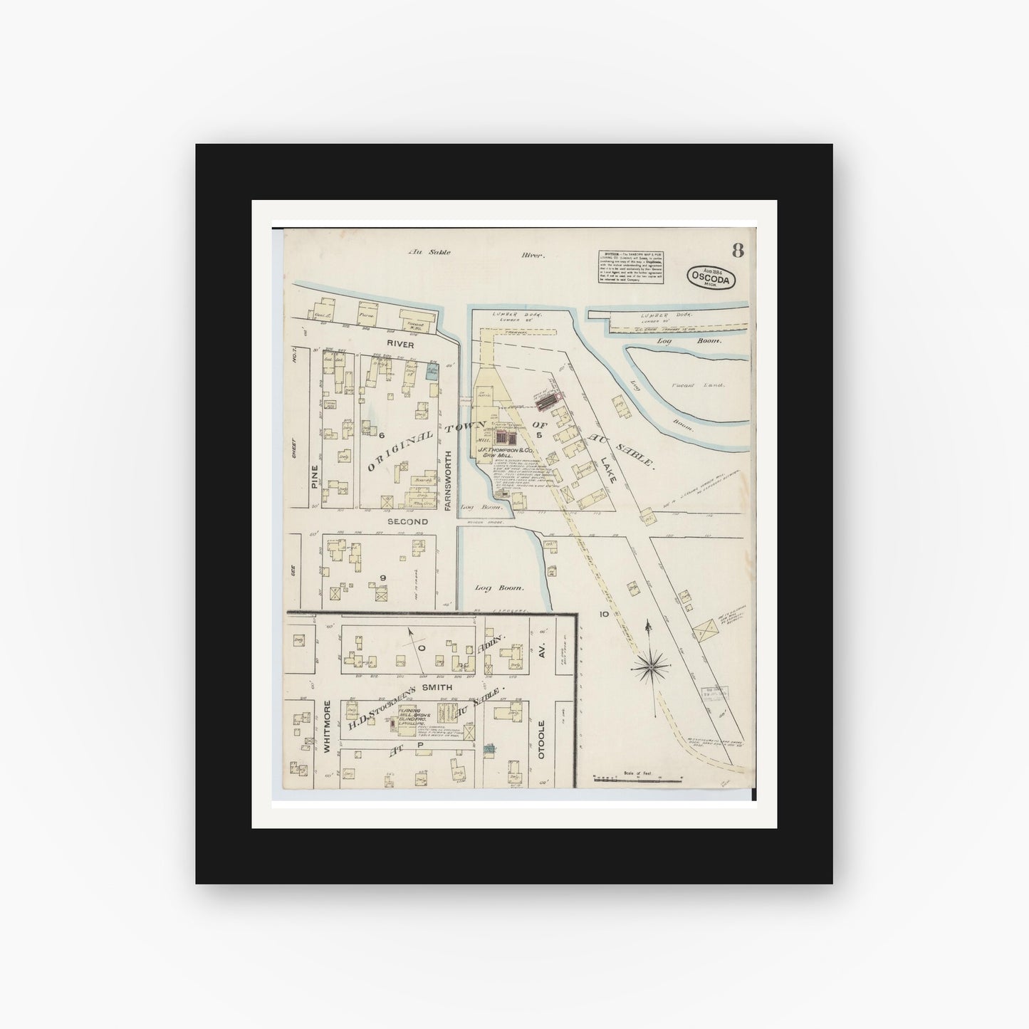 Old map wall art mockup — black gallery frame with white mat — Sanborn Fire Insurance Map from Oscoda, Iosco County, Michigan (1884), Sheet #0008