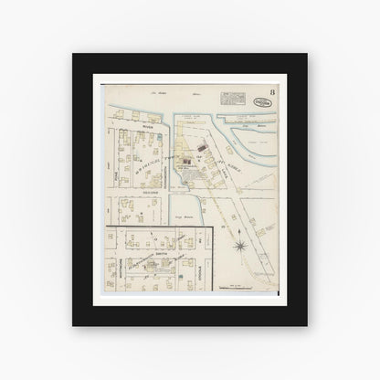 Old map wall art mockup — black gallery frame with white mat — Sanborn Fire Insurance Map from Oscoda, Iosco County, Michigan (1884), Sheet #0008