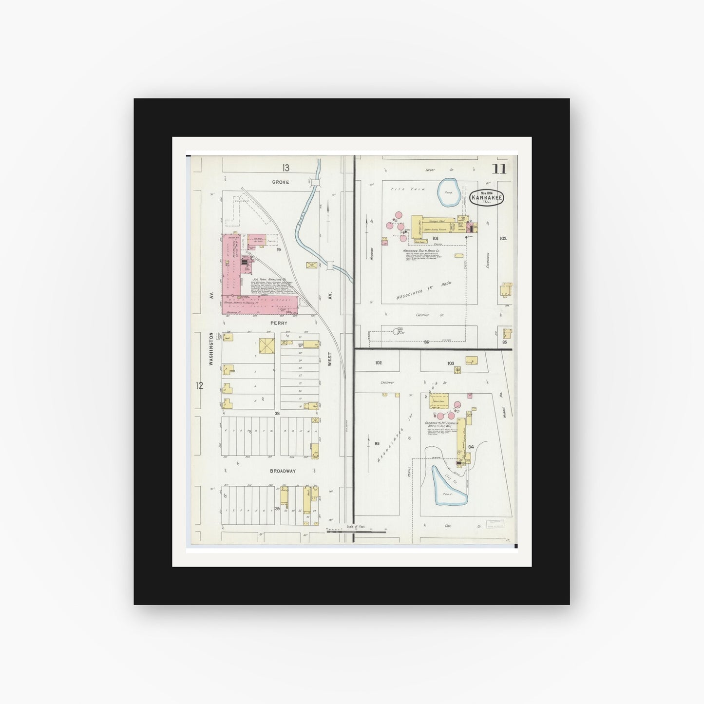 Old map wall art mockup — black gallery frame with white mat — Sanborn Fire Insurance Map from Kankakee, Kankakee County, Illinois (1896), Sheet #0011