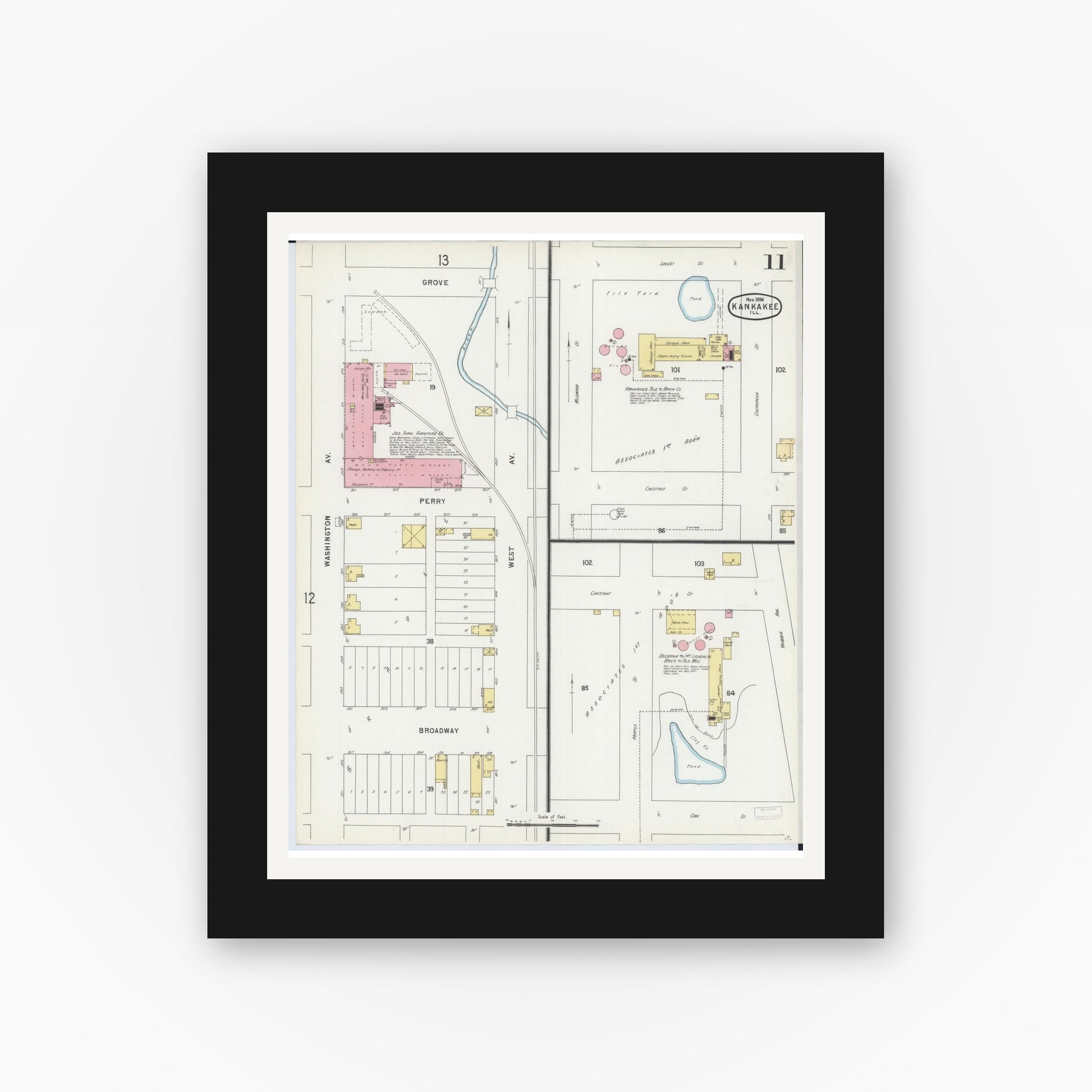 Old map wall art mockup — black gallery frame with white mat — Sanborn Fire Insurance Map from Kankakee, Kankakee County, Illinois (1896), Sheet #0011