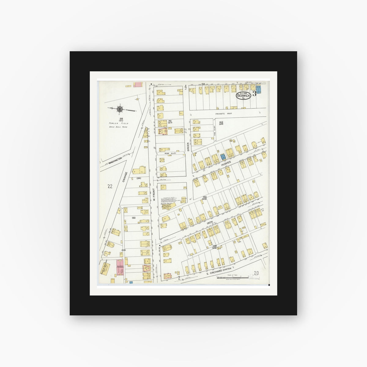 Old map wall art mockup — black gallery frame with white mat — Sanborn Fire Insurance Map from Berwick, Columbia County, Pennsylvania (1918), Sheet #0003