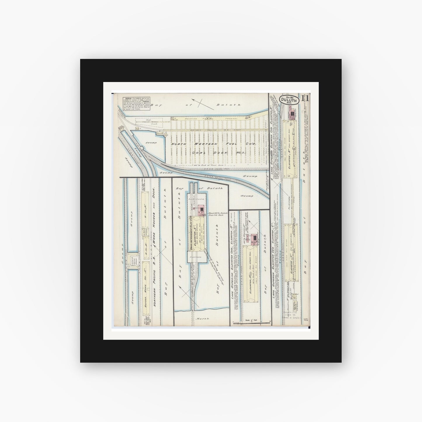 Old map wall art mockup — black gallery frame with white mat — Sanborn Fire Insurance Map from Duluth, Saint Louis County, Minnesota (1884), Sheet #0011