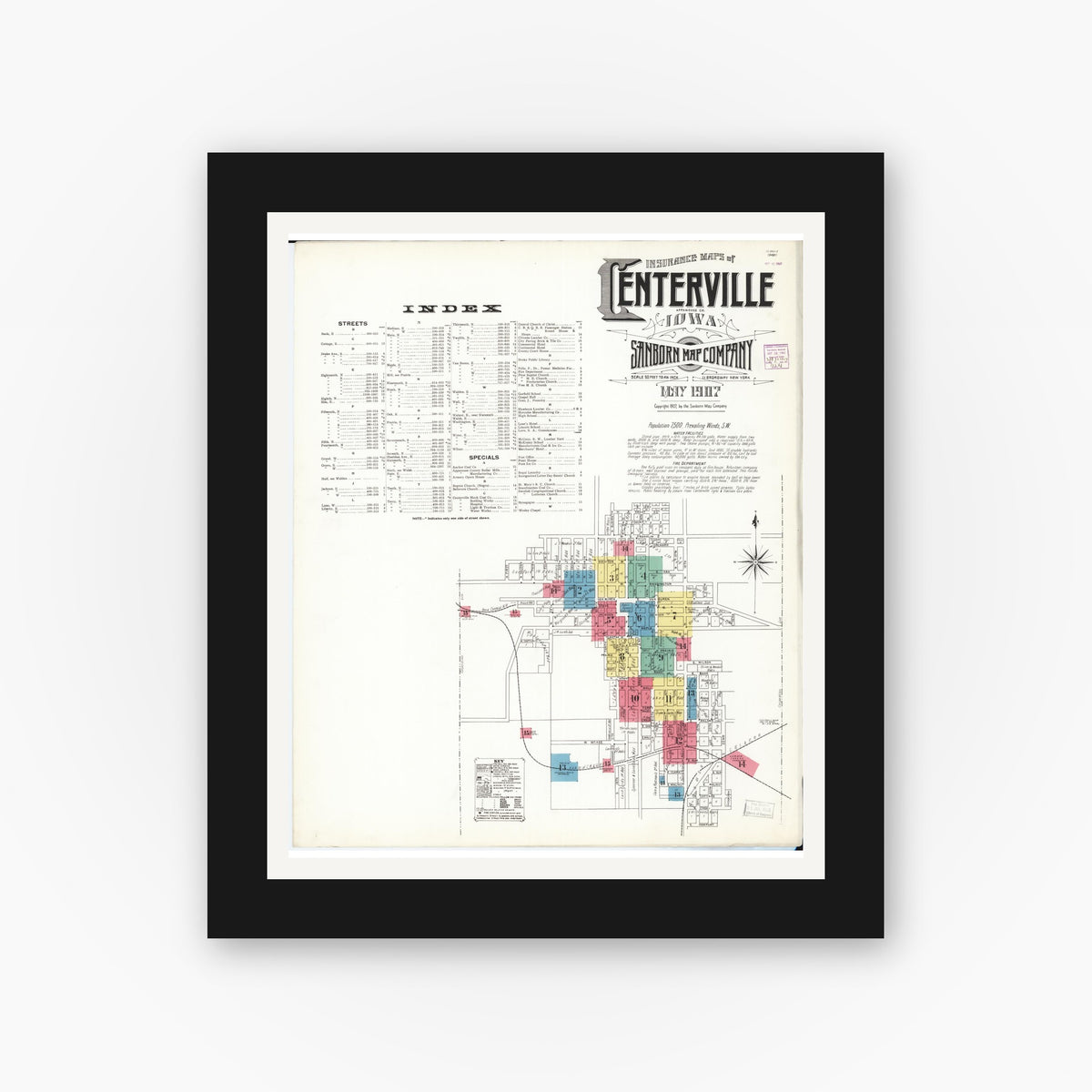 Old map wall art mockup — black gallery frame with white mat — Sanborn Fire Insurance Map from Centerville, Appanoose County, Iowa (1907) â€” Complete Set