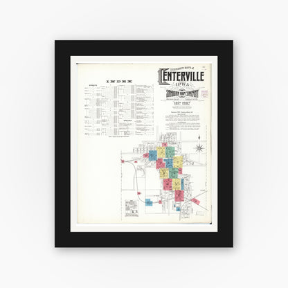 Old map wall art mockup — black gallery frame with white mat — Sanborn Fire Insurance Map from Centerville, Appanoose County, Iowa (1907) â€” Complete Set