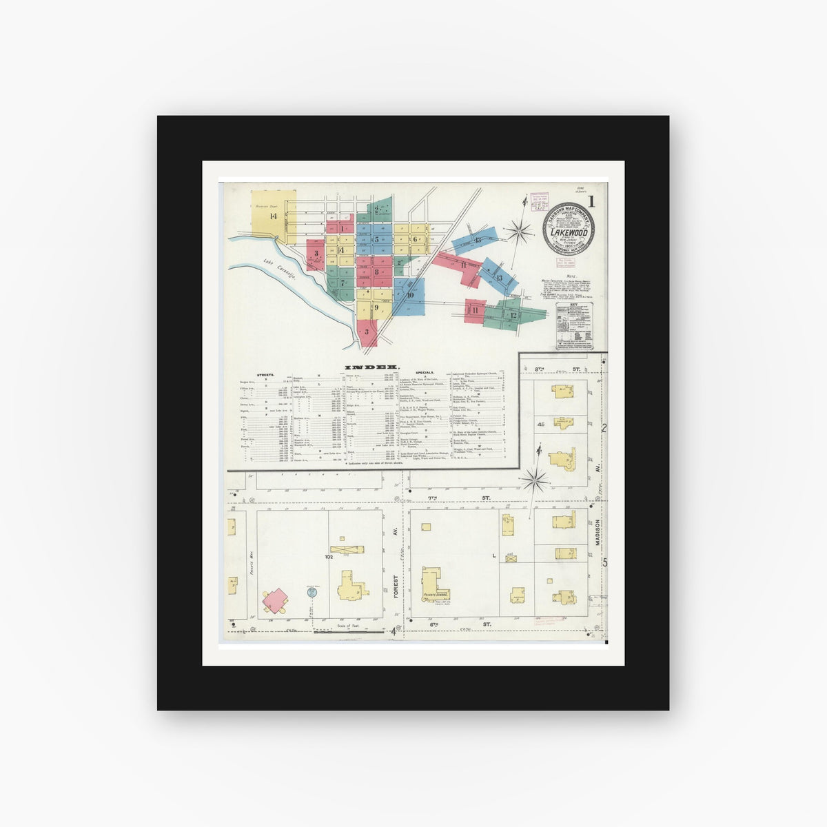 Old map wall art mockup — black gallery frame with white mat — Sanborn Fire Insurance Map from Lakewood, Ocean County, New Jersey (1905) - Complete Map Set