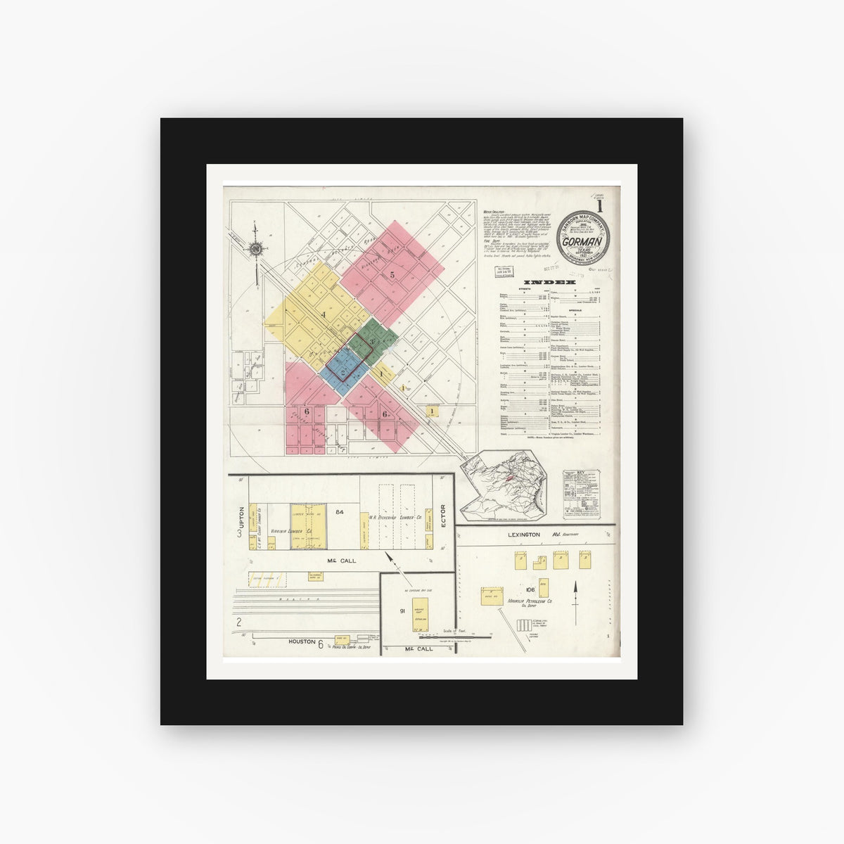 Old map wall art mockup — black gallery frame with white mat — Sanborn Fire Insurance Map from Gorman, Eastland County, Texas (1921) - Complete Map Set