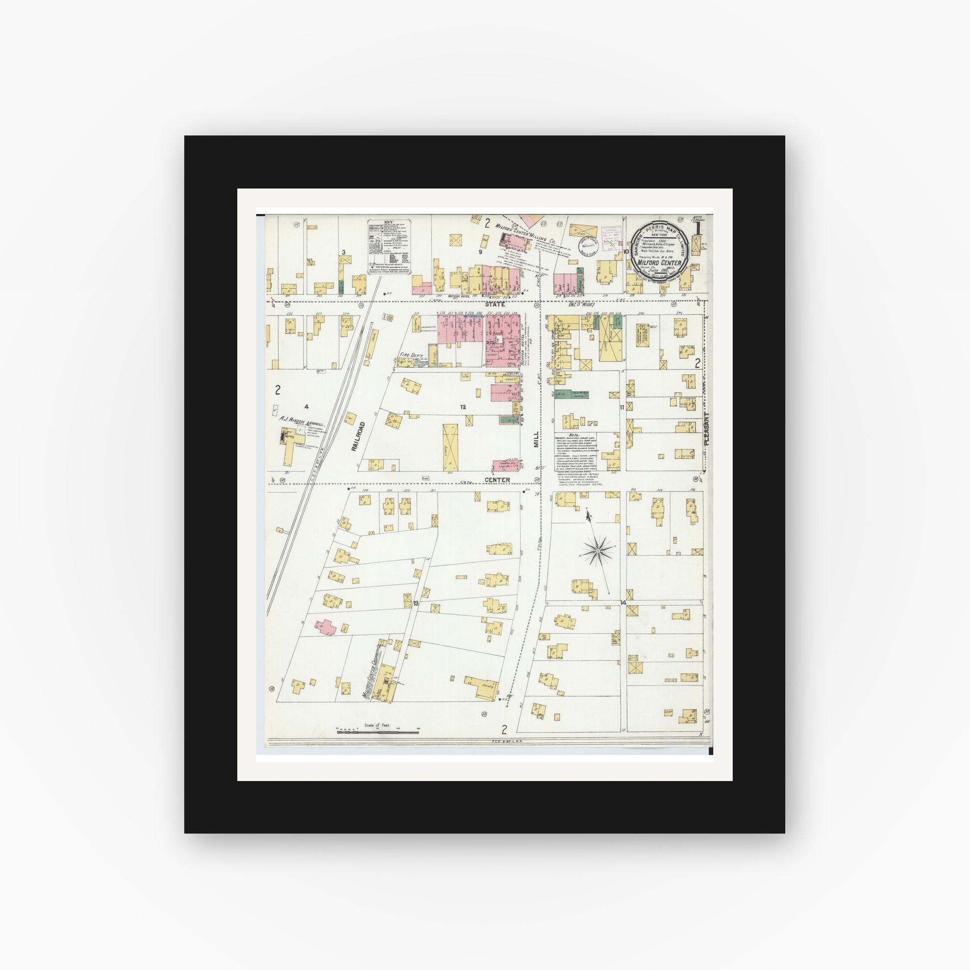 Old map wall art mockup — black gallery frame with white mat — Sanborn Fire Insurance Map from Milford Center, Union County, Ohio (1901), Sheet #0001