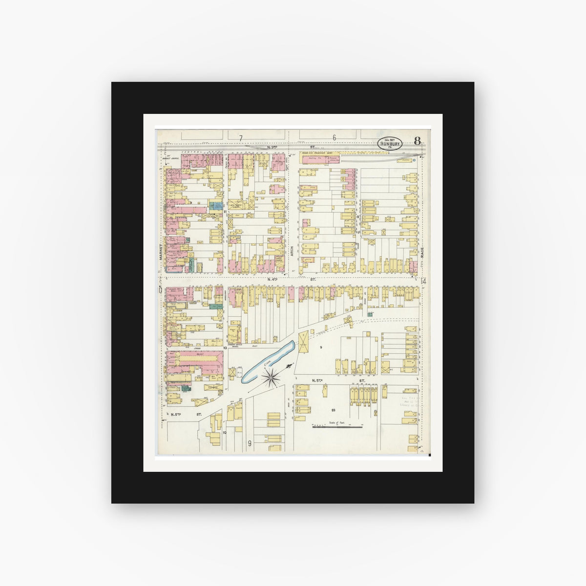 Old map wall art mockup — black gallery frame with white mat — Sanborn Fire Insurance Map from Sunbury, Northumberland County, Pennsylvania (1907), Sheet #0008