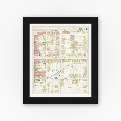 Old map wall art mockup — black gallery frame with white mat — Sanborn Fire Insurance Map from Sunbury, Northumberland County, Pennsylvania (1907), Sheet #0008