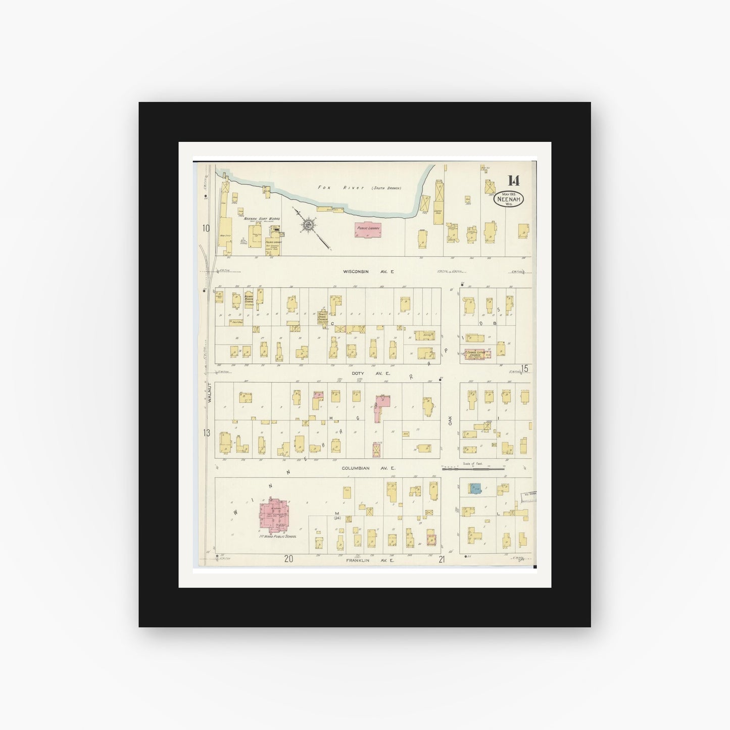 Old map wall art mockup — black gallery frame with white mat — Sanborn Fire Insurance Map from Neenah, Winnebago County, Wisconsin (1913), Sheet #0014