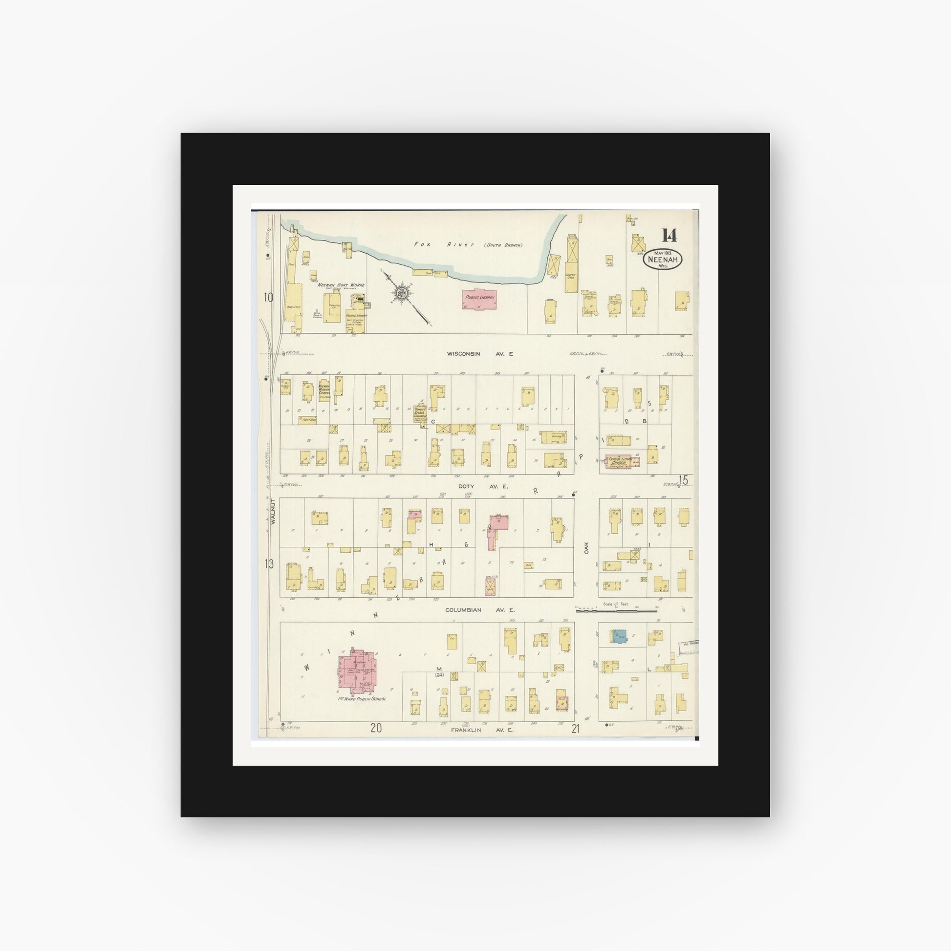Old map wall art mockup — black gallery frame with white mat — Sanborn Fire Insurance Map from Neenah, Winnebago County, Wisconsin (1913), Sheet #0014