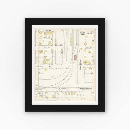 Old map wall art mockup — black gallery frame with white mat — Sanborn Fire Insurance Map from Dublin, Erath County, Texas (1921), Sheet #0003