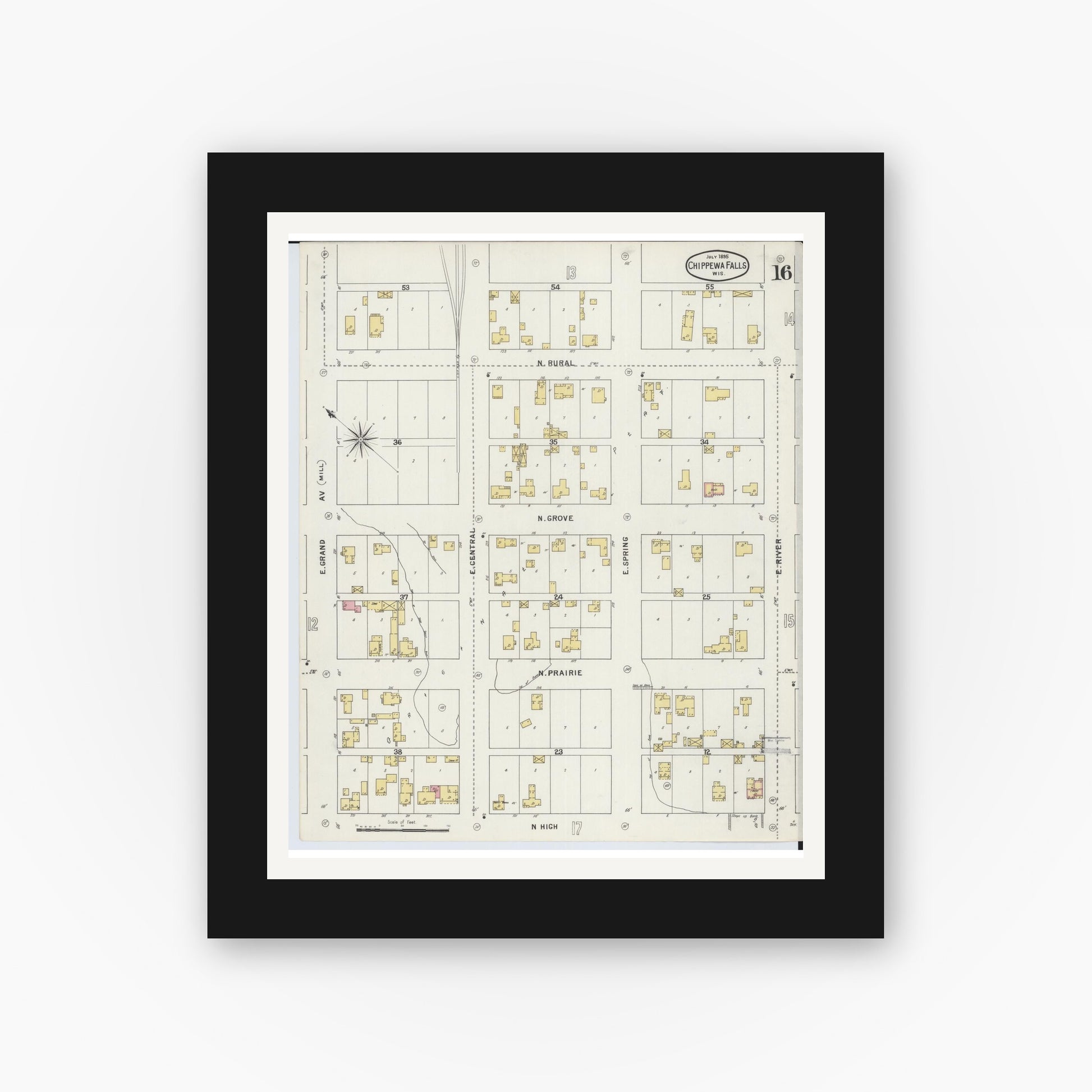 Old map wall art mockup — black gallery frame with white mat — Sanborn Fire Insurance Map from Chippewa Falls, Chippewa County, Wisconsin (1895), Sheet #0016