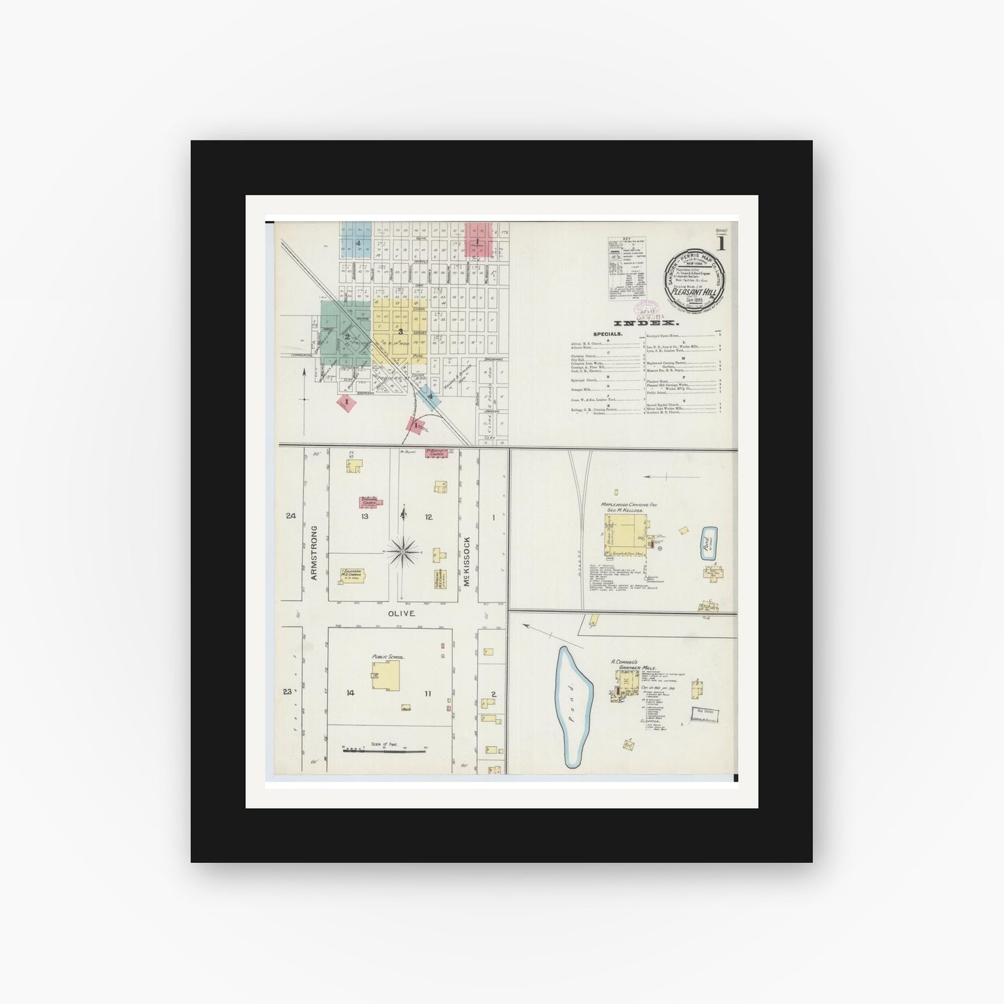 Old map wall art mockup — black gallery frame with white mat — Sanborn Fire Insurance Map from Pleasant Hill, Cass County, Missouri (1893) - Complete Map Set