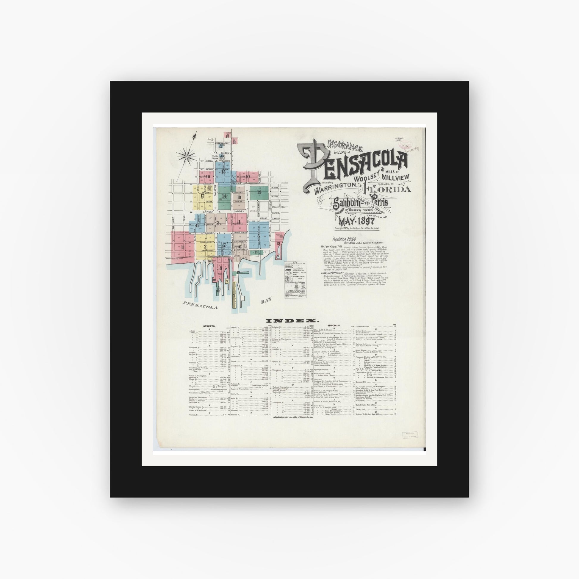 Old map wall art mockup — black gallery frame with white mat — Sanborn Fire Insurance Map from Pensacola, Escambia County, Florida (1897) - Complete Map Set
