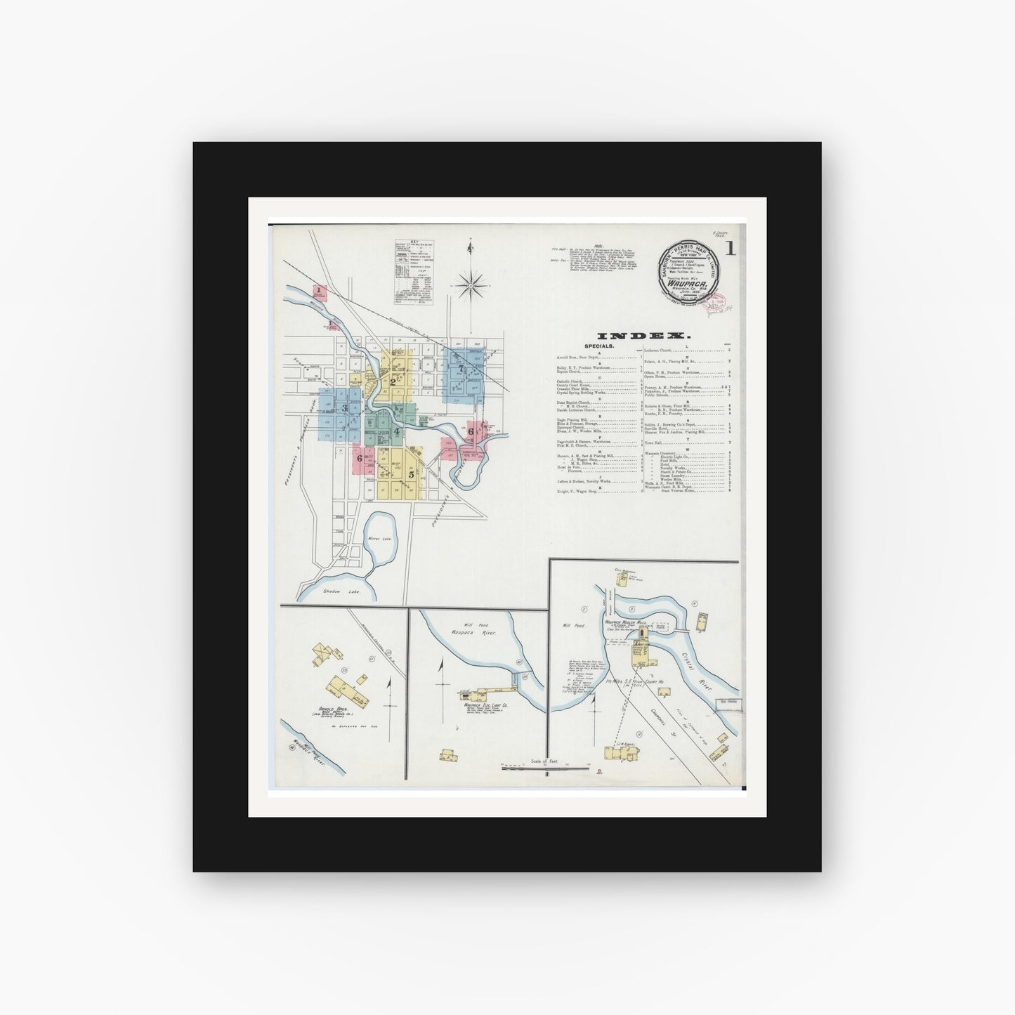 Old map wall art mockup — black gallery frame with white mat — Sanborn Fire Insurance Map from Waupaca, Waupaca County, Wisconsin (1895) - Complete Map Set