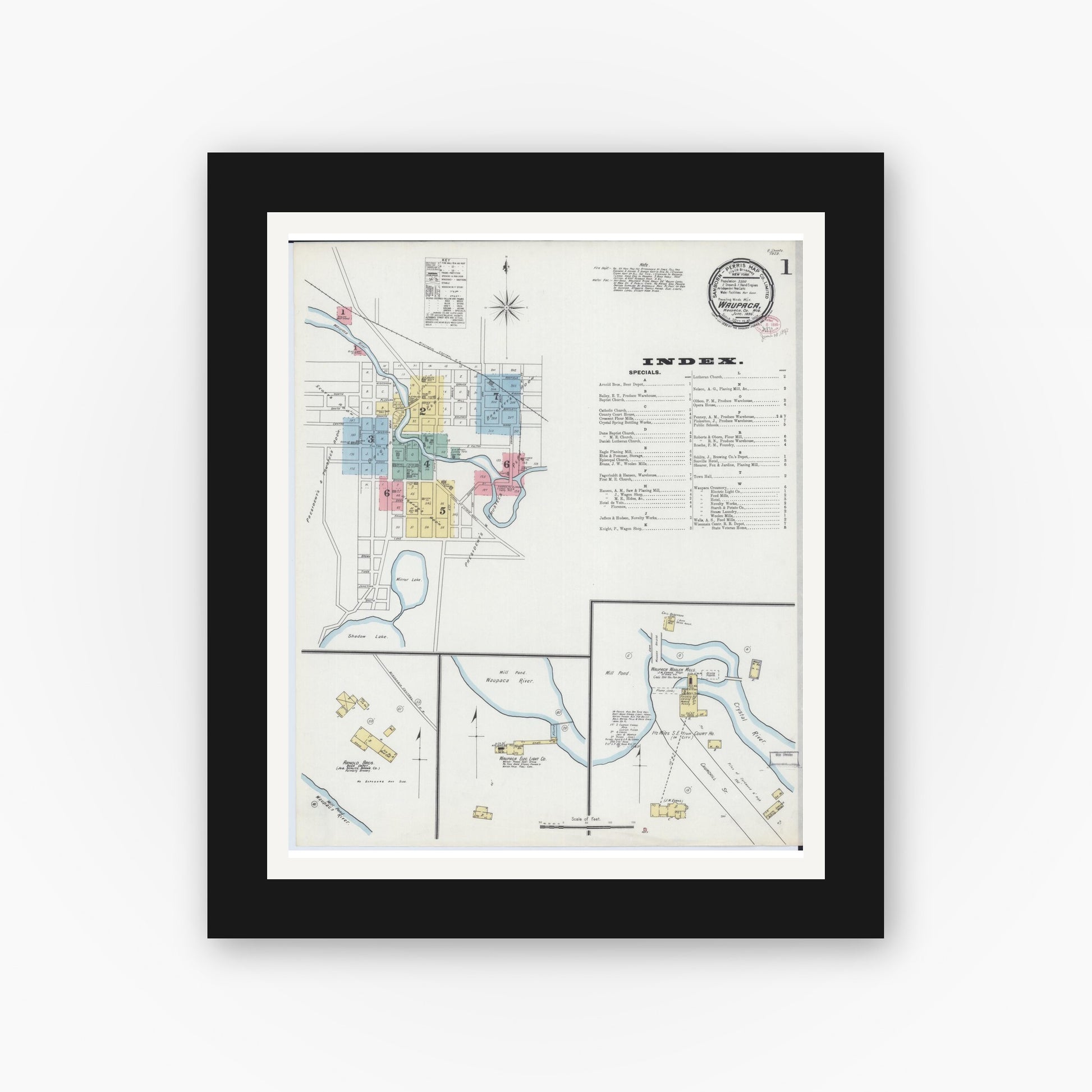 Old map wall art mockup — black gallery frame with white mat — Sanborn Fire Insurance Map from Waupaca, Waupaca County, Wisconsin (1895) - Complete Map Set