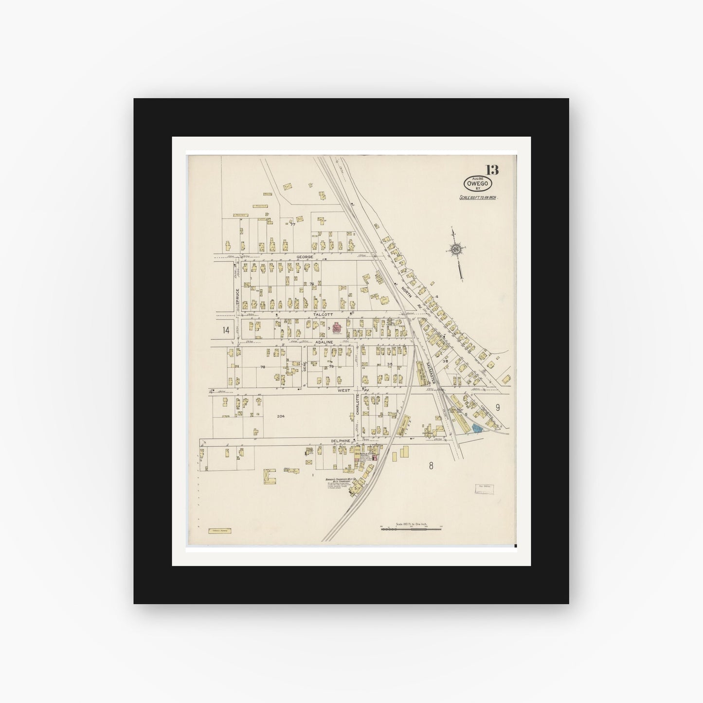 Old map wall art mockup — black gallery frame with white mat — Sanborn Fire Insurance Map from Owego, Tioga County, New York (1915), Sheet #0013