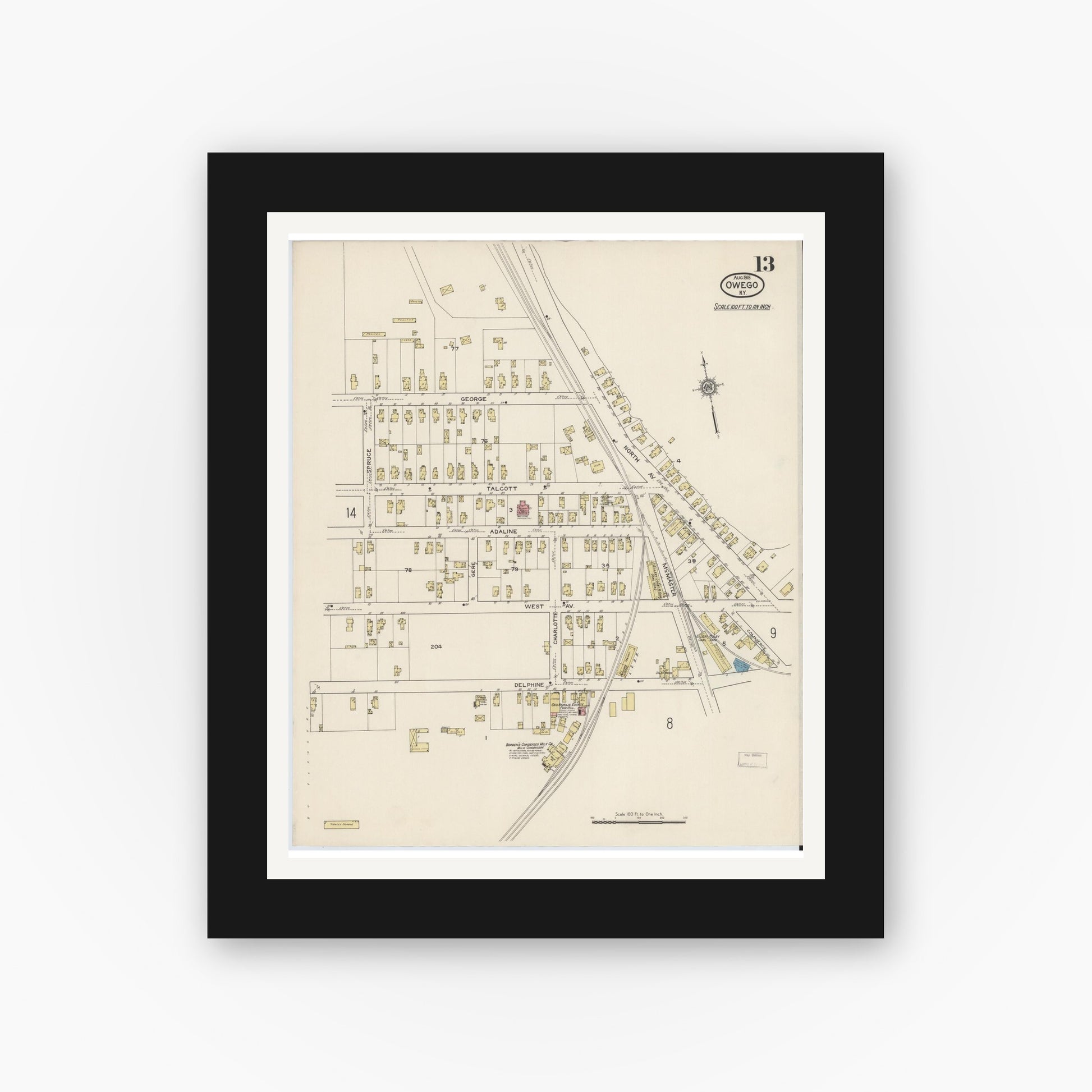 Old map wall art mockup — black gallery frame with white mat — Sanborn Fire Insurance Map from Owego, Tioga County, New York (1915), Sheet #0013
