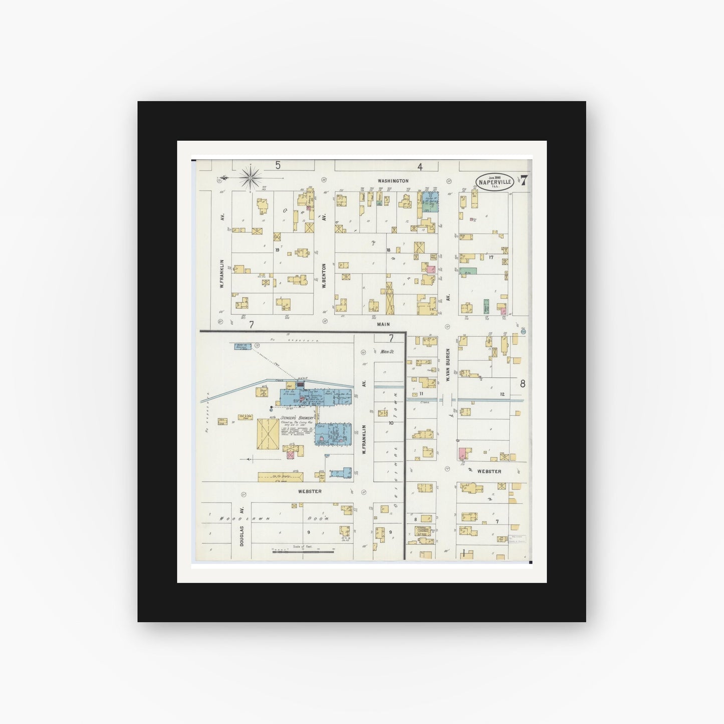 Old map wall art mockup — black gallery frame with white mat — Sanborn Fire Insurance Map from Naperville, Du Page County, Illinois (1898), Sheet #0007