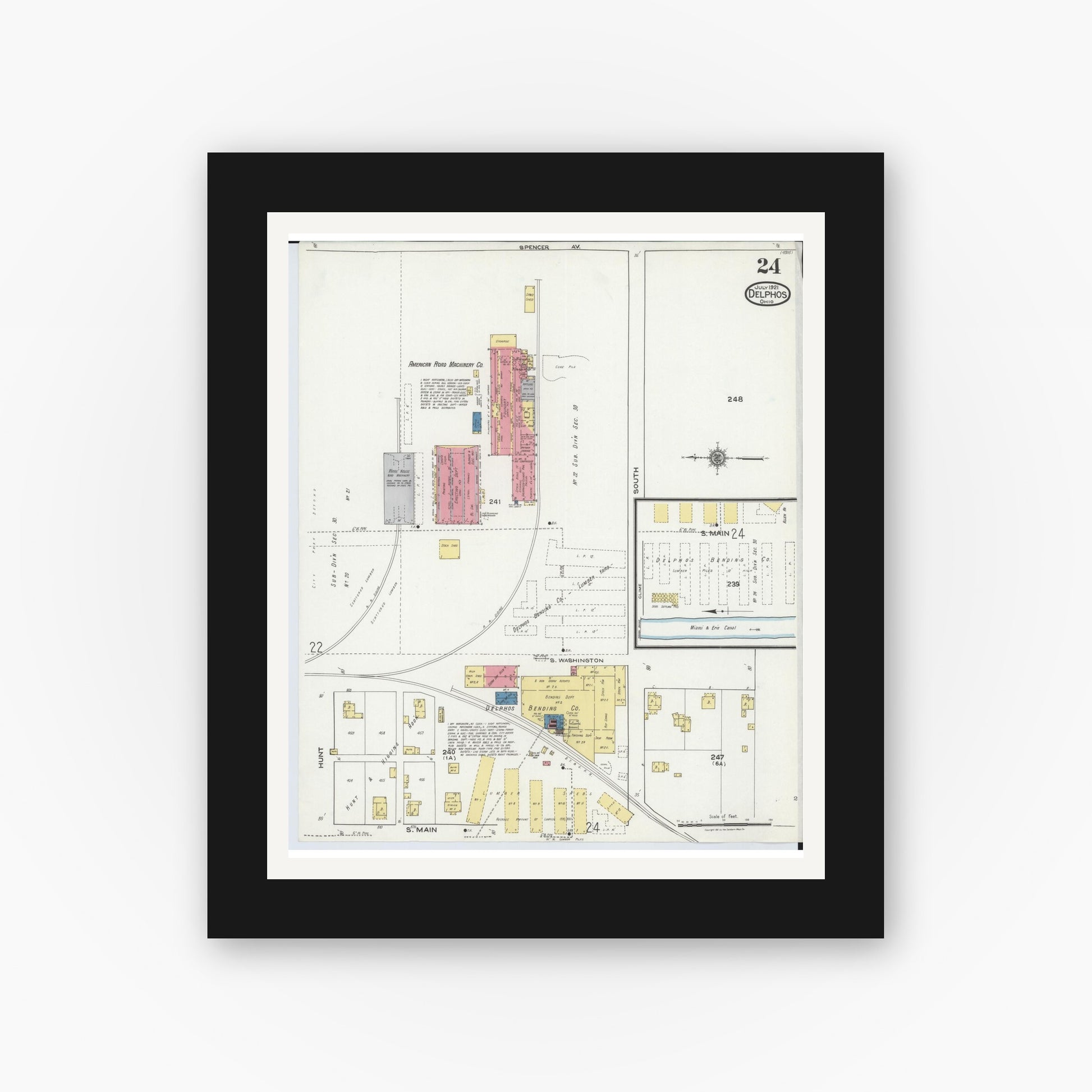 Old map wall art mockup — black gallery frame with white mat — Sanborn Fire Insurance Map from Delphos, Van Wert And Allen Counties, Ohio (1921), Sheet #0024