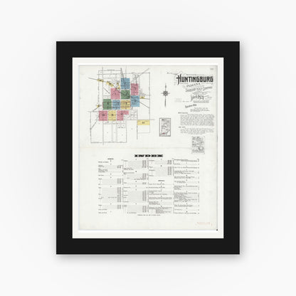 Old map wall art mockup — black gallery frame with white mat — Sanborn Fire Insurance Map from Huntingburg, Dubois County, Indiana (1921) - Complete Map Set