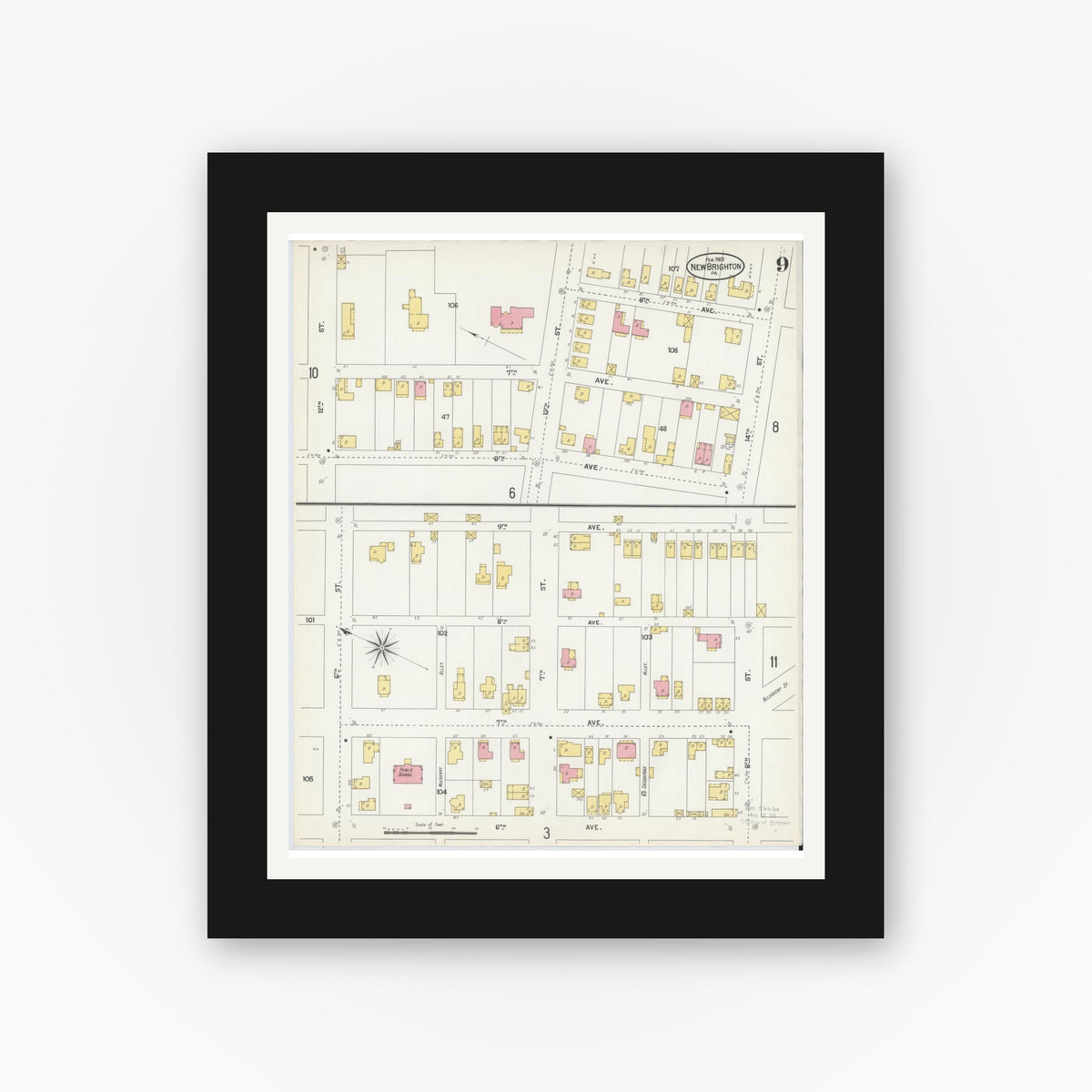 Old map wall art mockup — black gallery frame with white mat — Sanborn Fire Insurance Map from New Brighton, Beaver County, Pennsylvania (1901), Sheet #0009