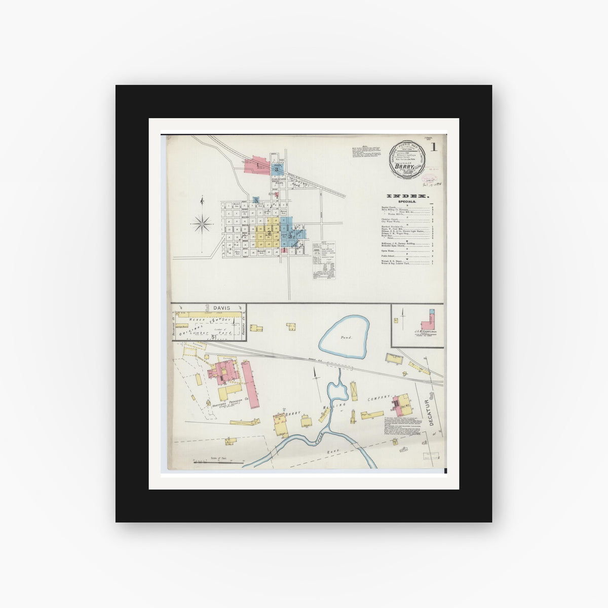 Old map wall art mockup — black gallery frame with white mat — Sanborn Fire Insurance Map from Barry, Pike County, Illinois (1894) - Complete Map Set