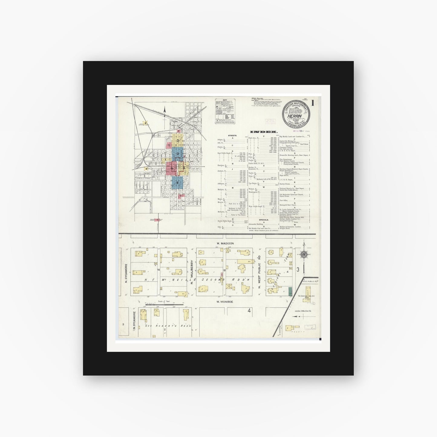 Old map wall art mockup — black gallery frame with white mat — Sanborn Fire Insurance Map from Herrin, Williamson County, Illinois (1909) - Complete Map Set