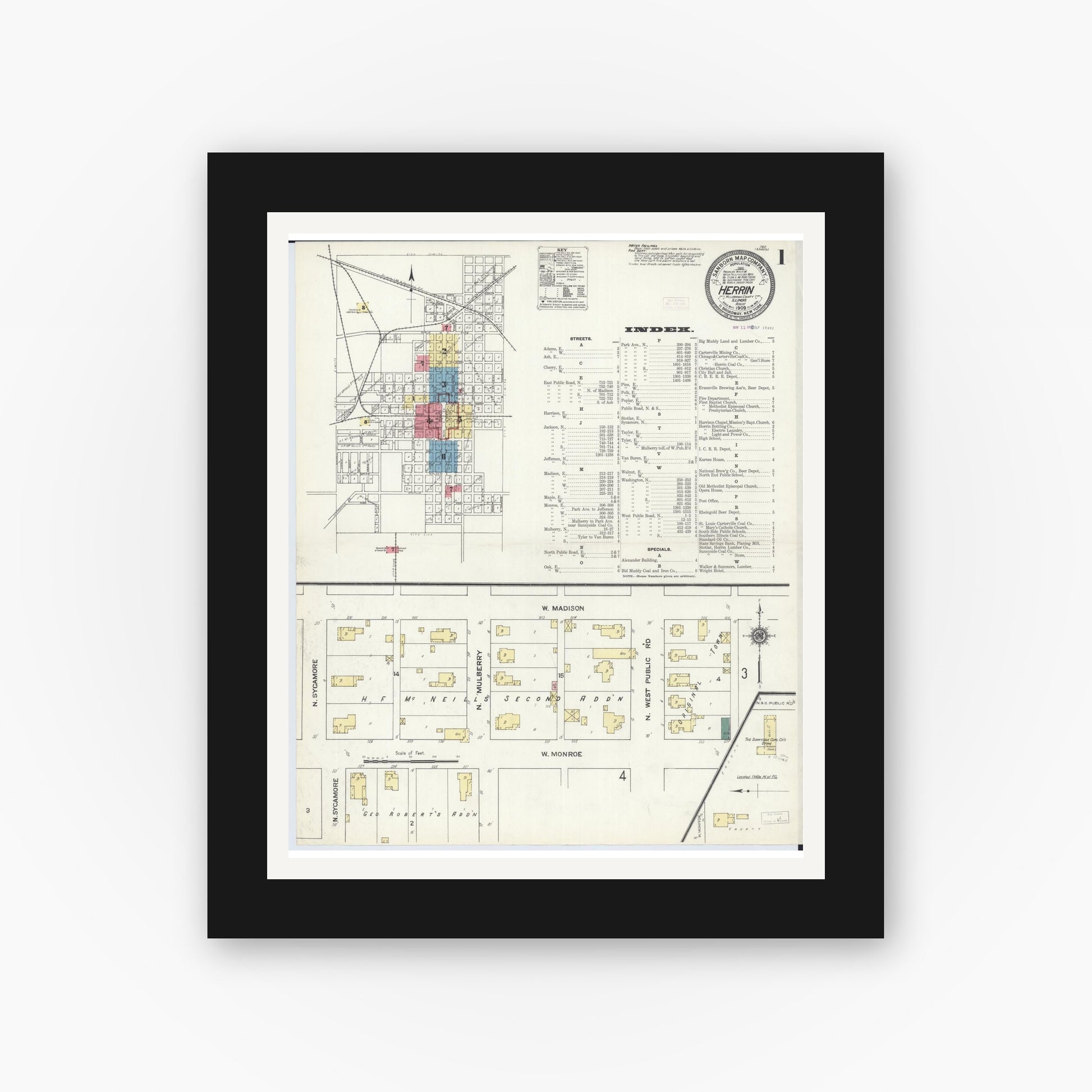 Old map wall art mockup — black gallery frame with white mat — Sanborn Fire Insurance Map from Herrin, Williamson County, Illinois (1909) - Complete Map Set