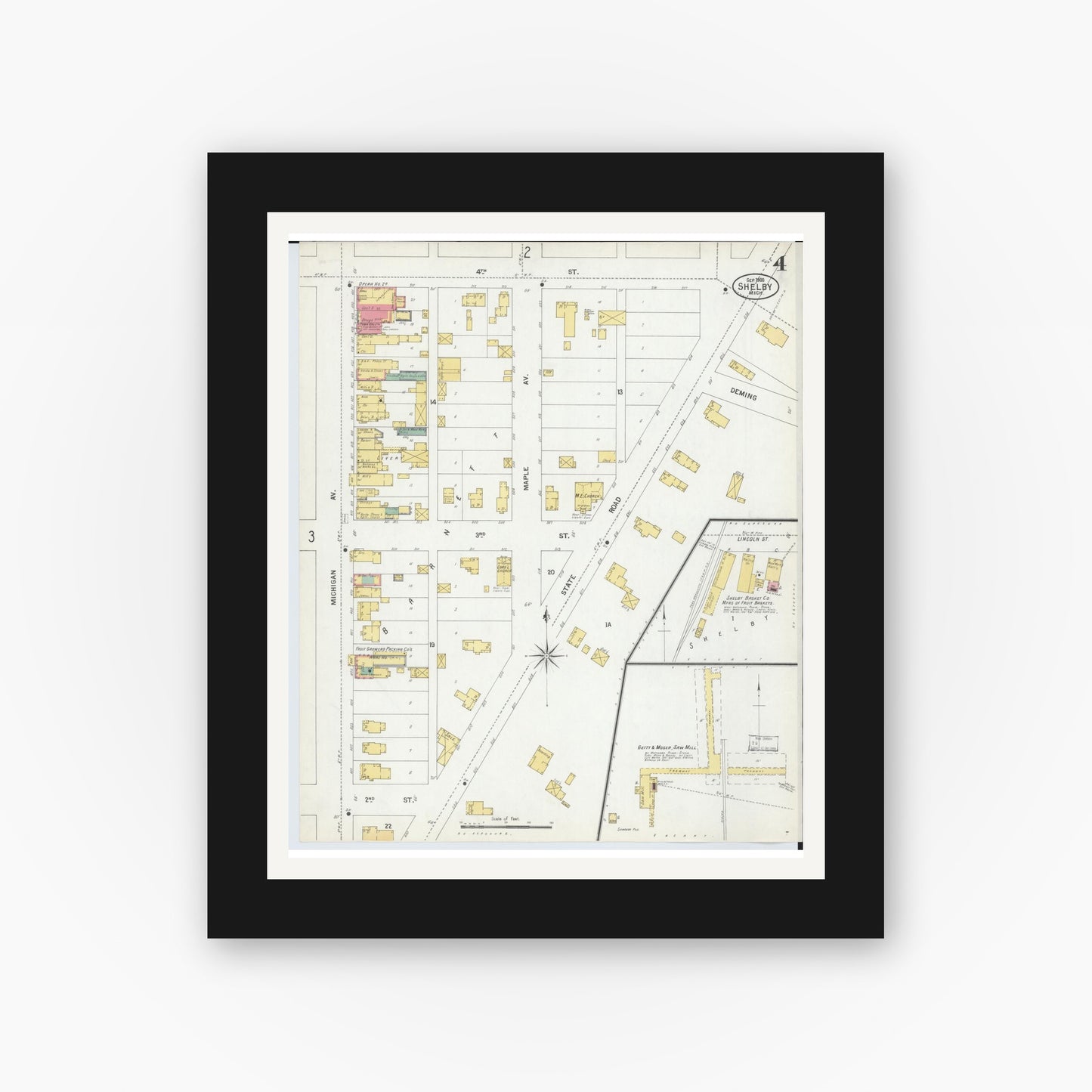 Old map wall art mockup — black gallery frame with white mat — Sanborn Fire Insurance Map from Shelby, Oceana County, Michigan (1900), Sheet #0004