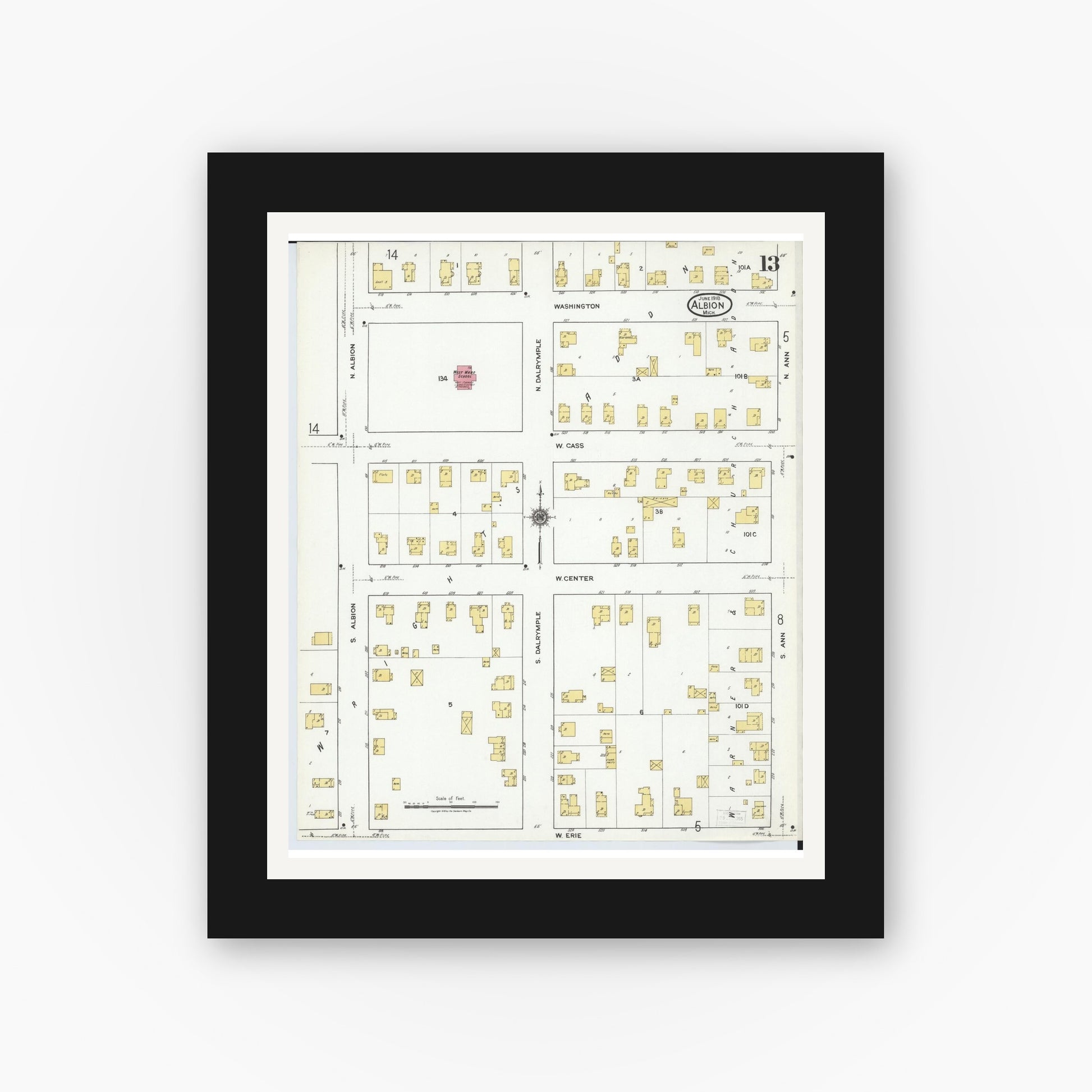 Old map wall art mockup — black gallery frame with white mat — Sanborn Fire Insurance Map from Albion, Calhoun County, Michigan (1918), Sheet #0013
