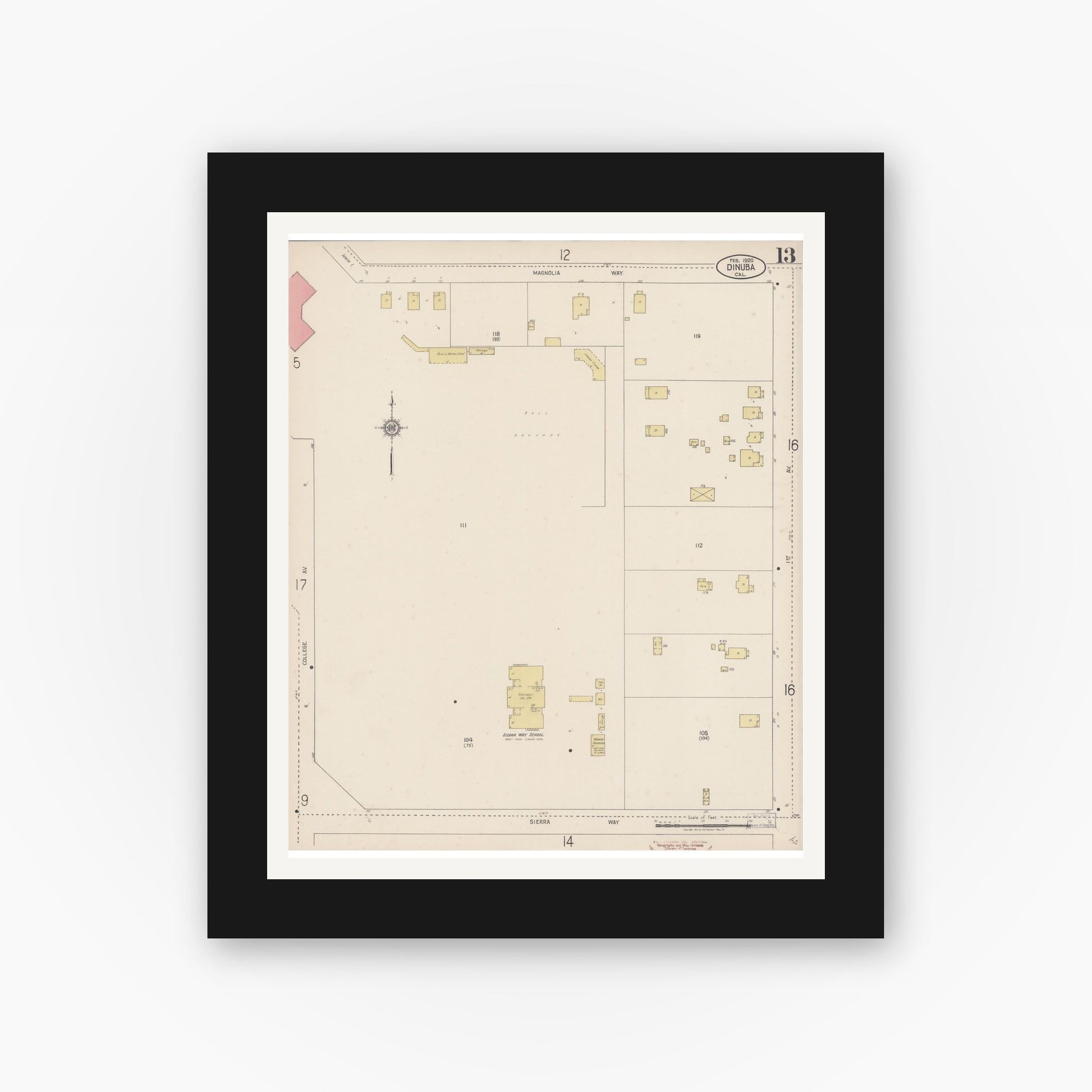 Old map wall art mockup — black gallery frame with white mat — Sanborn Fire Insurance Map from Dinuba, Tulare County, California (1920), Sheet #0013